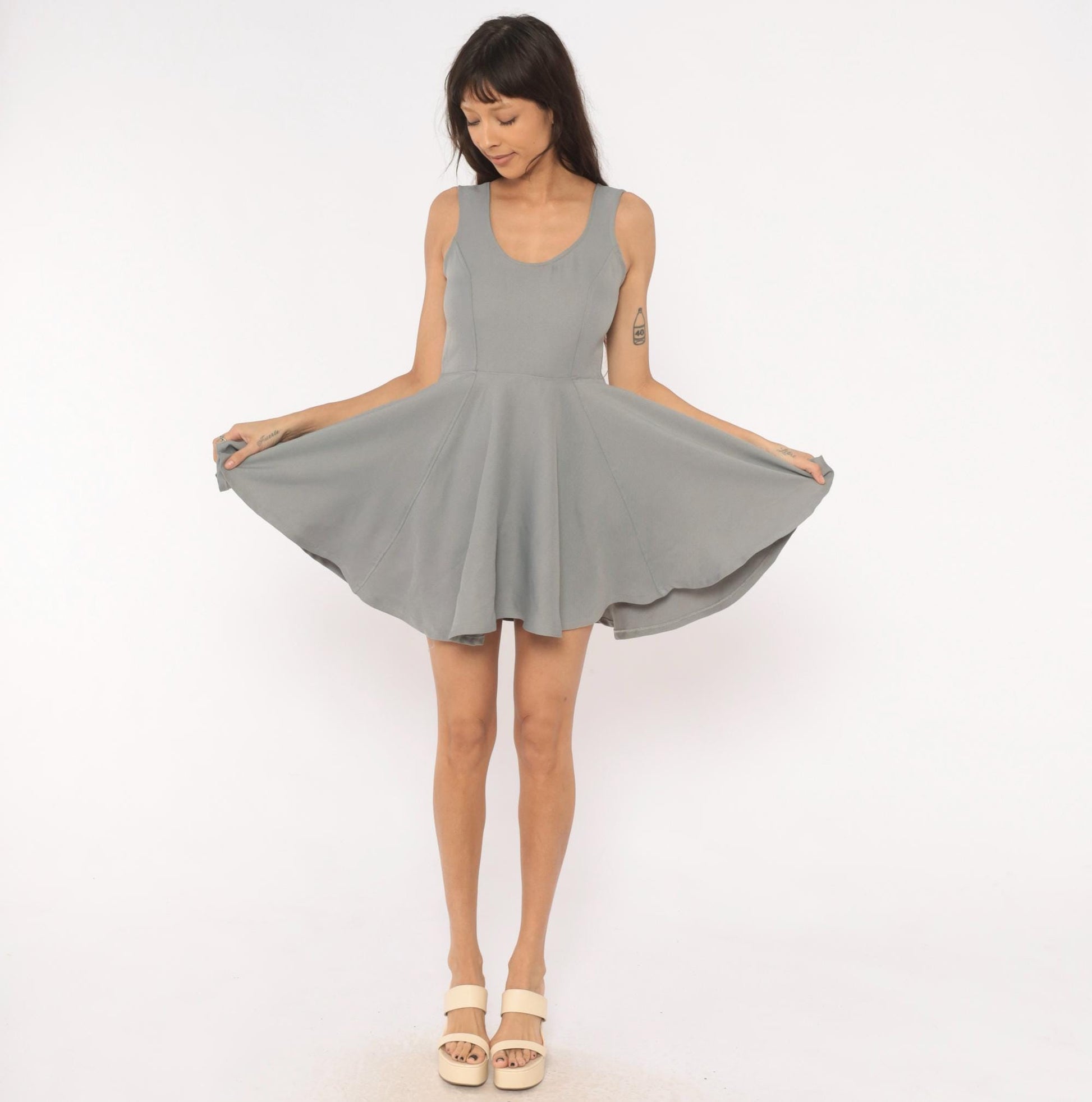Y2K Grey Angel Wing Embroidered Mini Dress Sleeveless Skater Small S