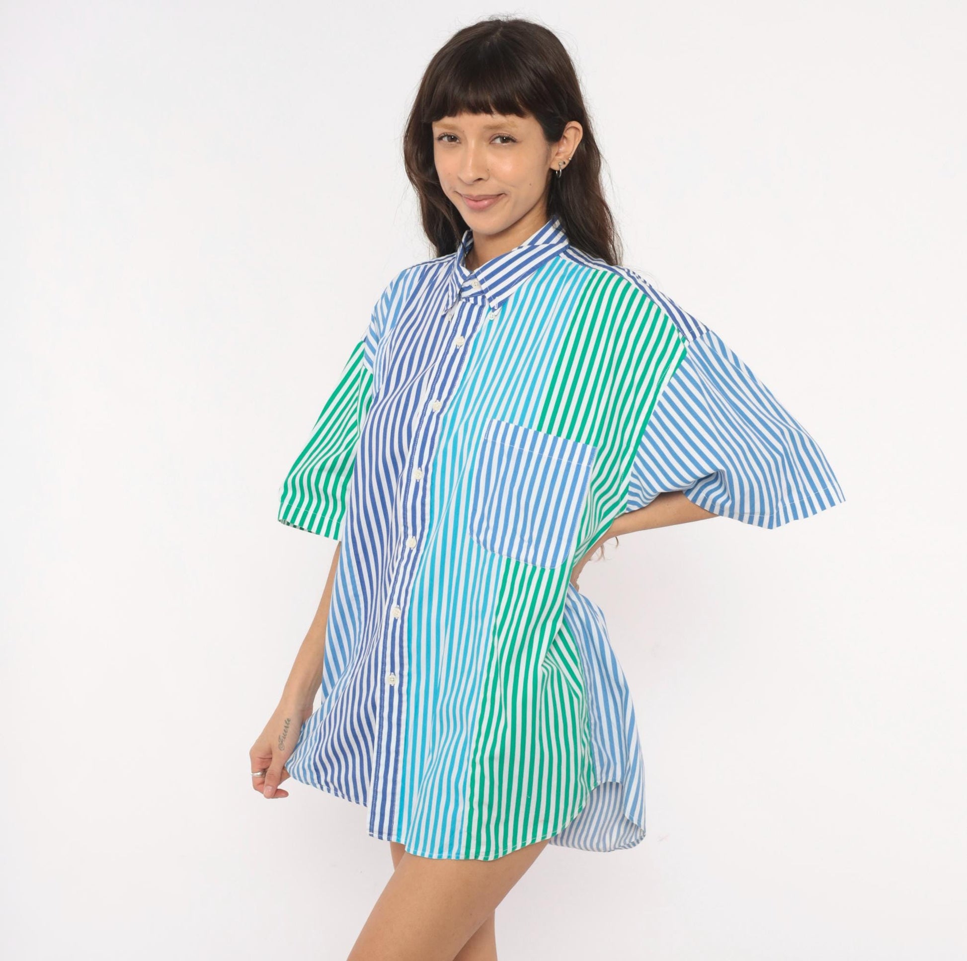 90s Van Heusen Multi-Stripe Patchwork Cotton Button-Up Shirt Large L