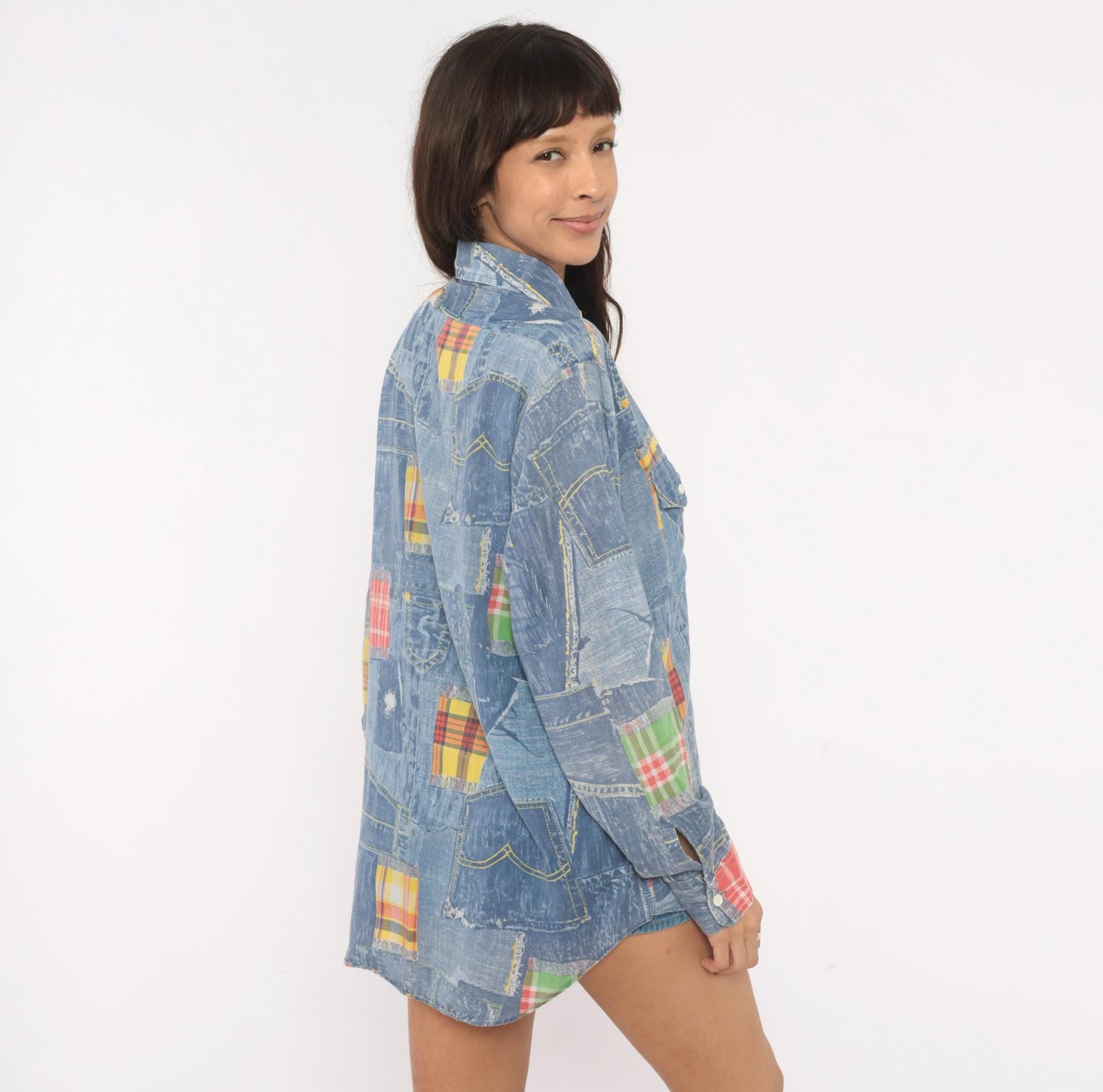 70s Permanent Press Patchwork Denim Print Shirt Madras Plaid Blue Yellow Medium
