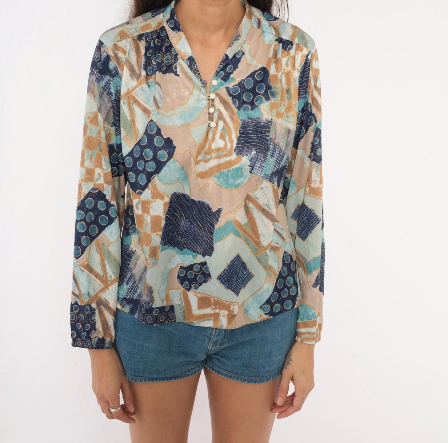70s Village Fair Abstract Patchwork Blouse Geometric Print Teal Medium