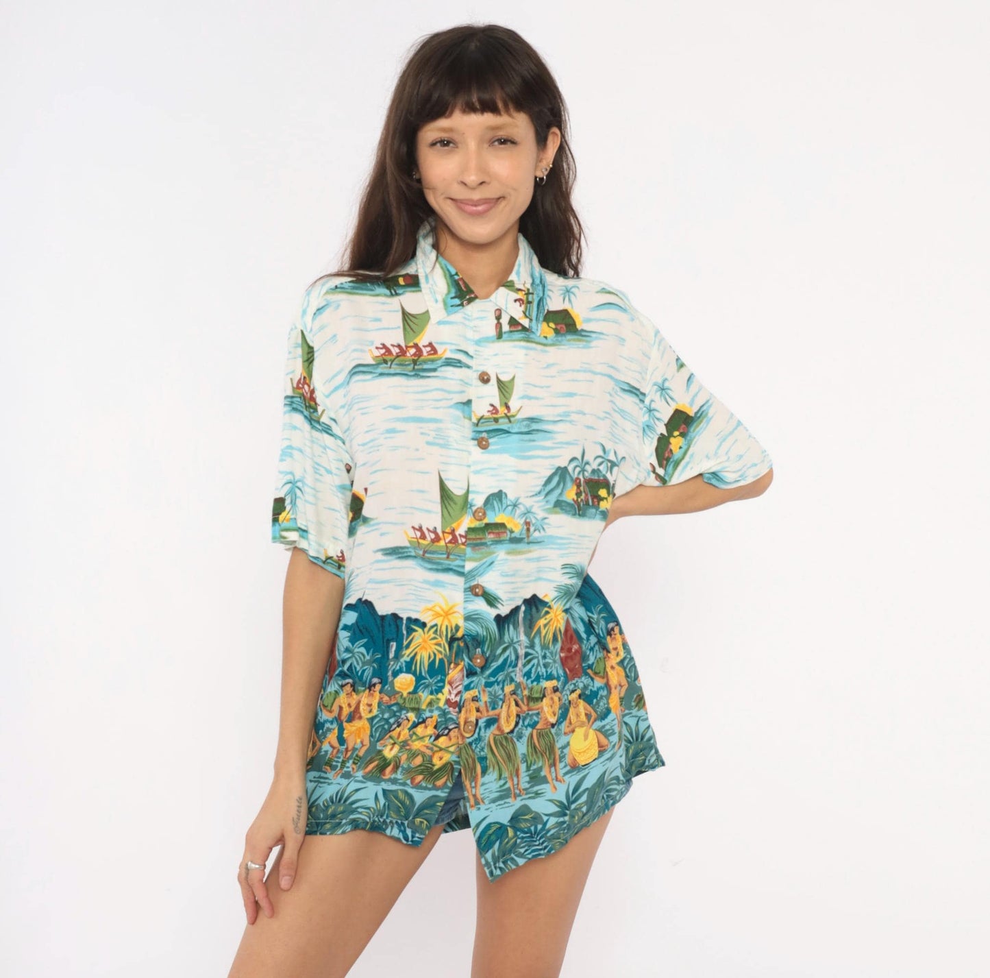 90s Kennington Ltd Hawaiian Shirt Polynesian Island Scene Blue Rayon Medium