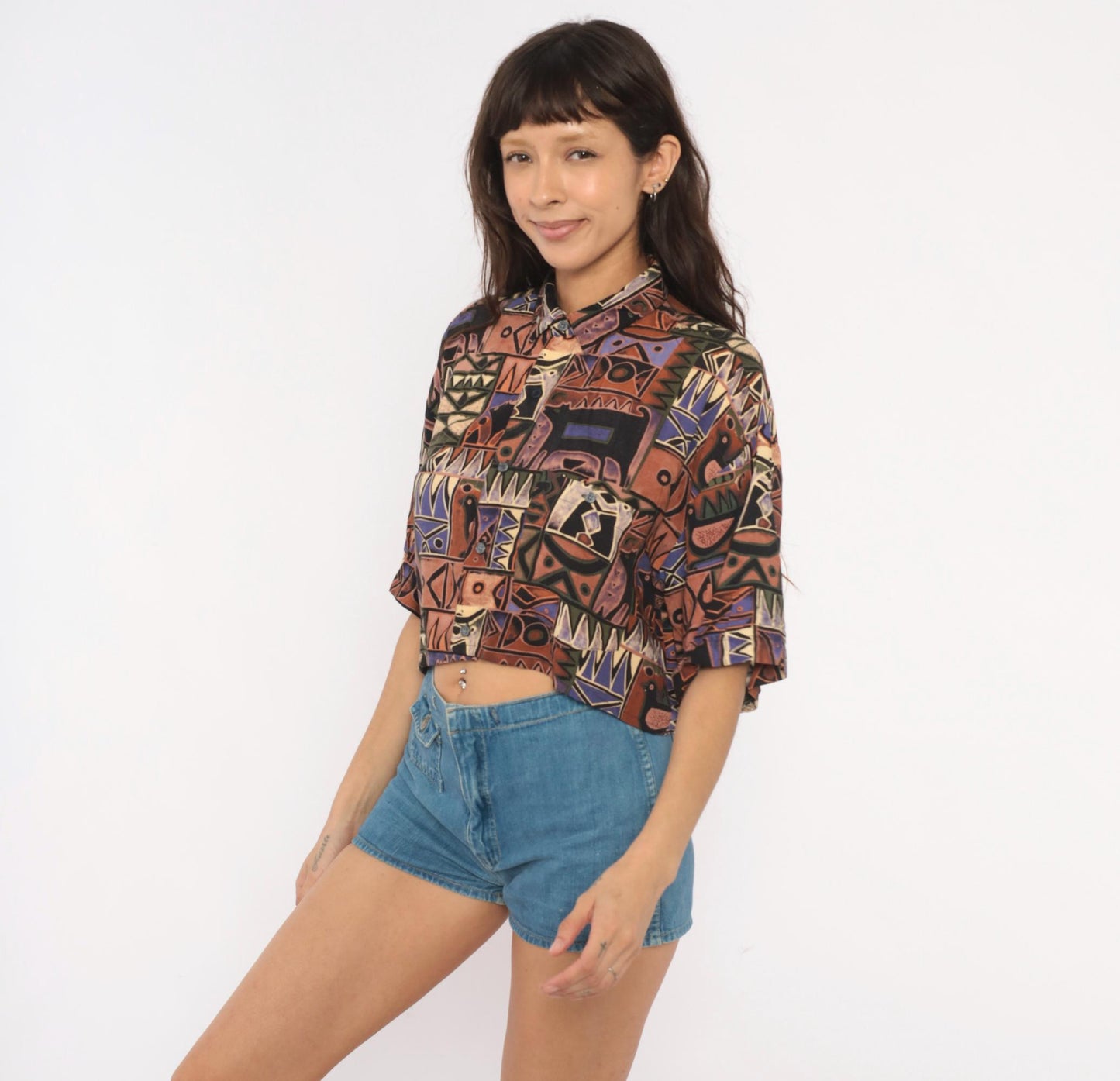 90s Chiamare Abstract Crop Top Shirt Button Front Collared Blouse Brown Purple Geometric Large L