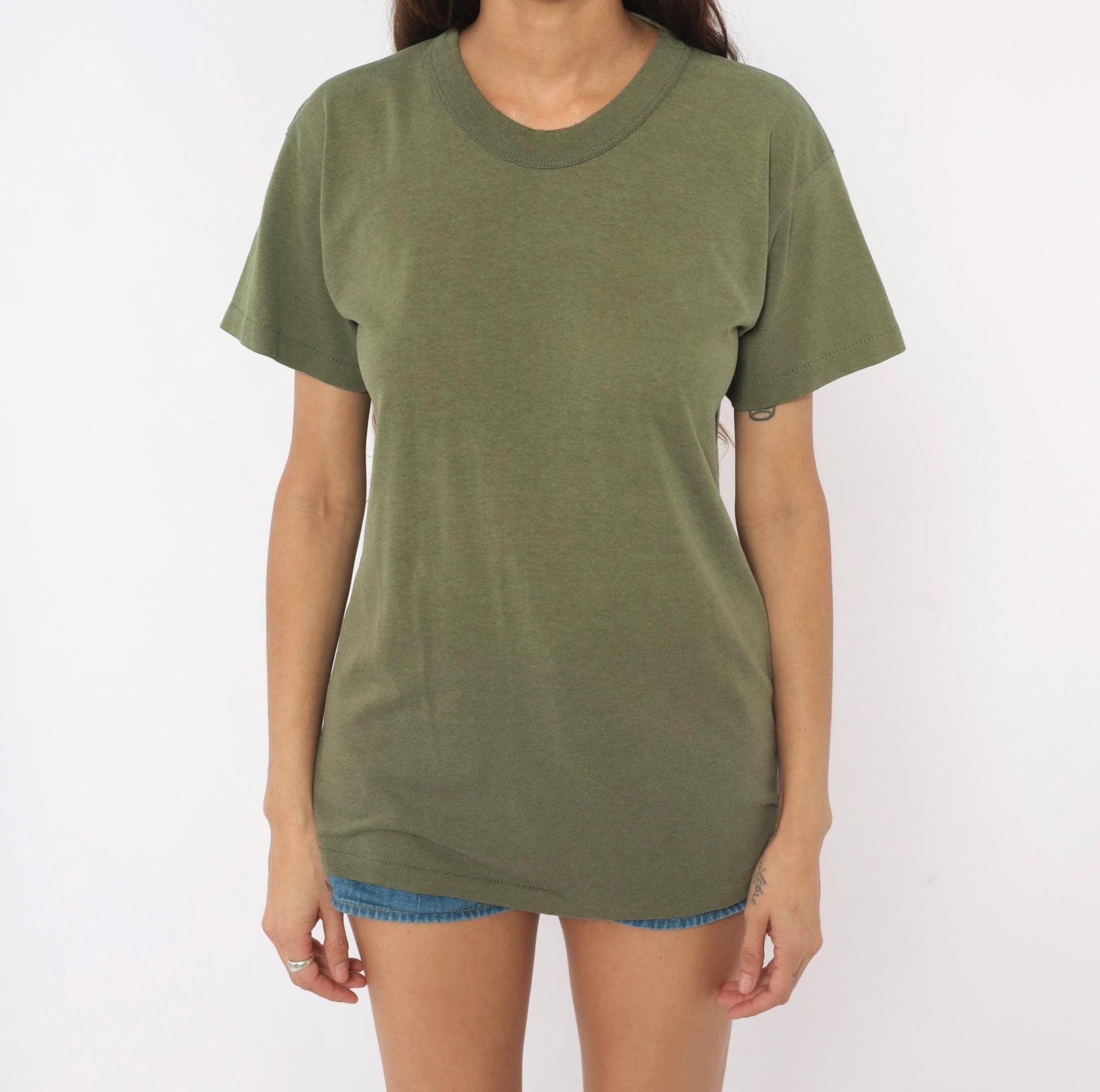 80s Olive Green Cotton Crew Neck Tee Blank Plain Unisex Medium