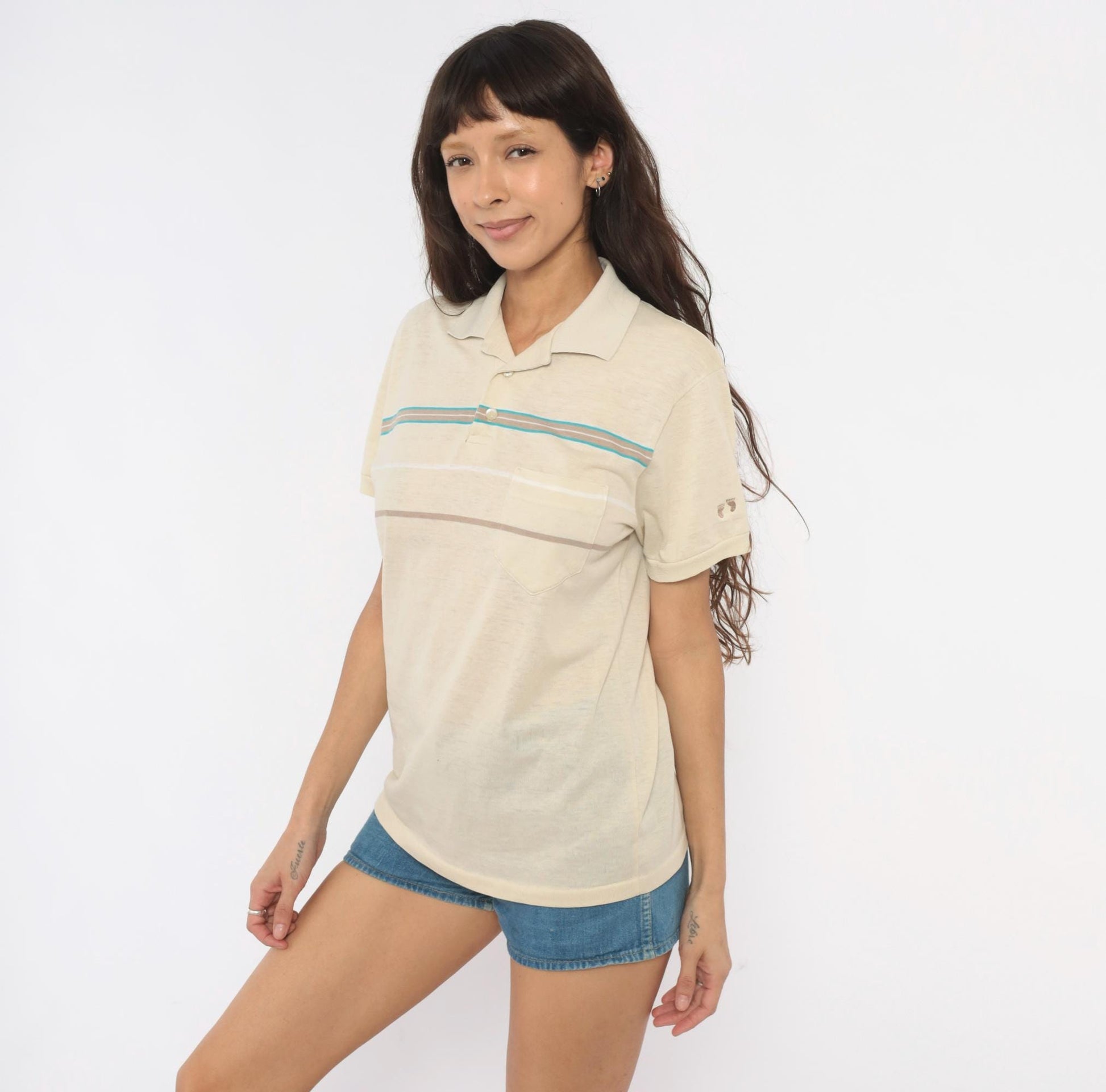 80s Hang Ten Polo Shirt Cream Teal Taupe Stripe Cotton Medium M