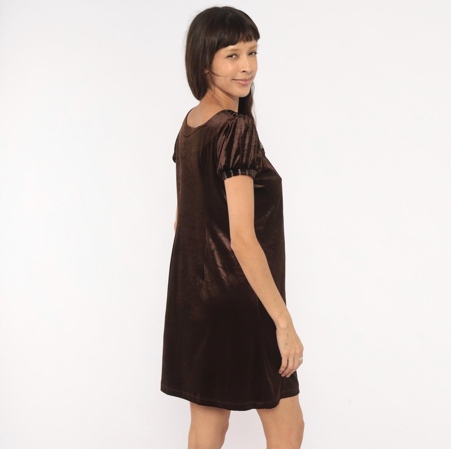 Y2K Chocolate Brown Velvet Mini Dress Puff Sleeve Beaded Small S