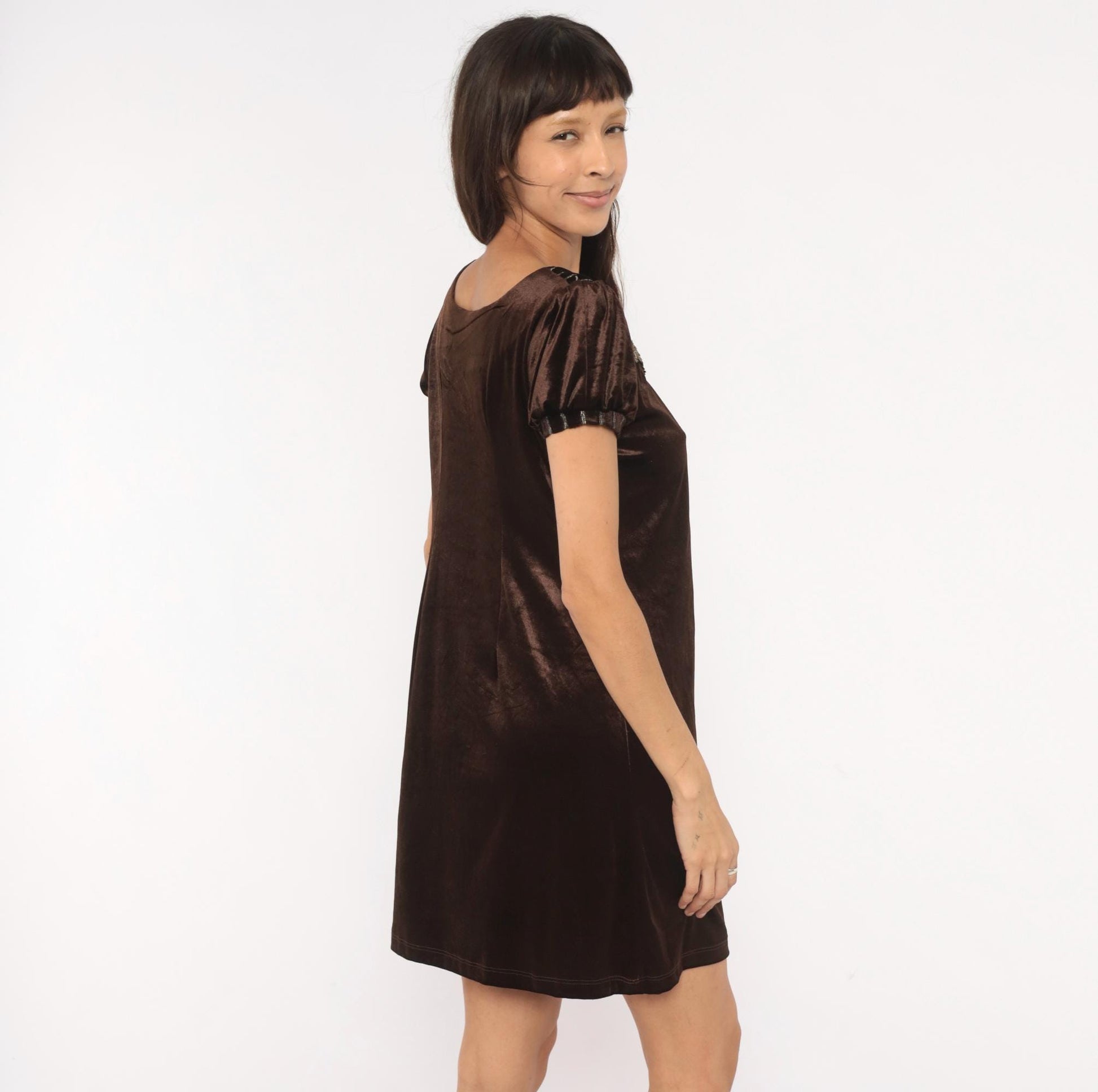 Y2K Chocolate Brown Velvet Mini Dress Puff Sleeve Beaded Small S