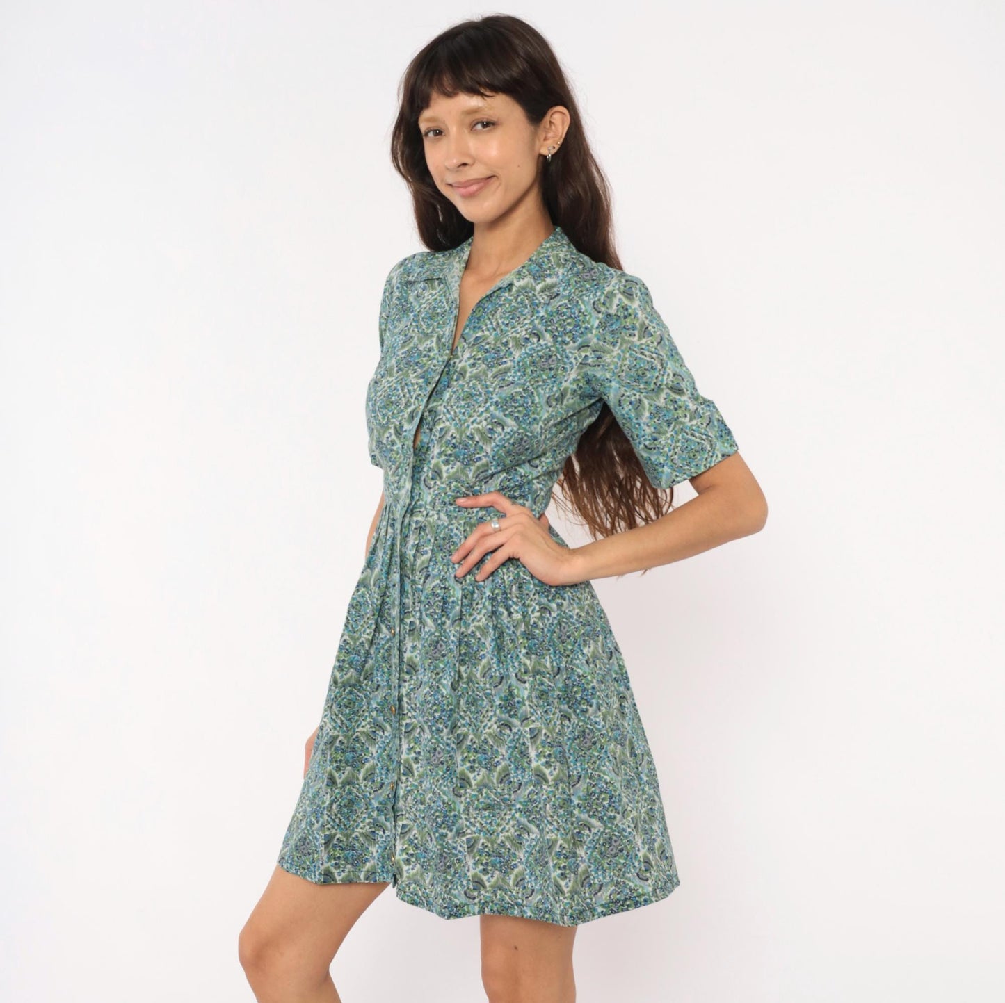 60s Penneys Brentwood Paisley Floral Shirtdress Blue Green Cotton Knee XS