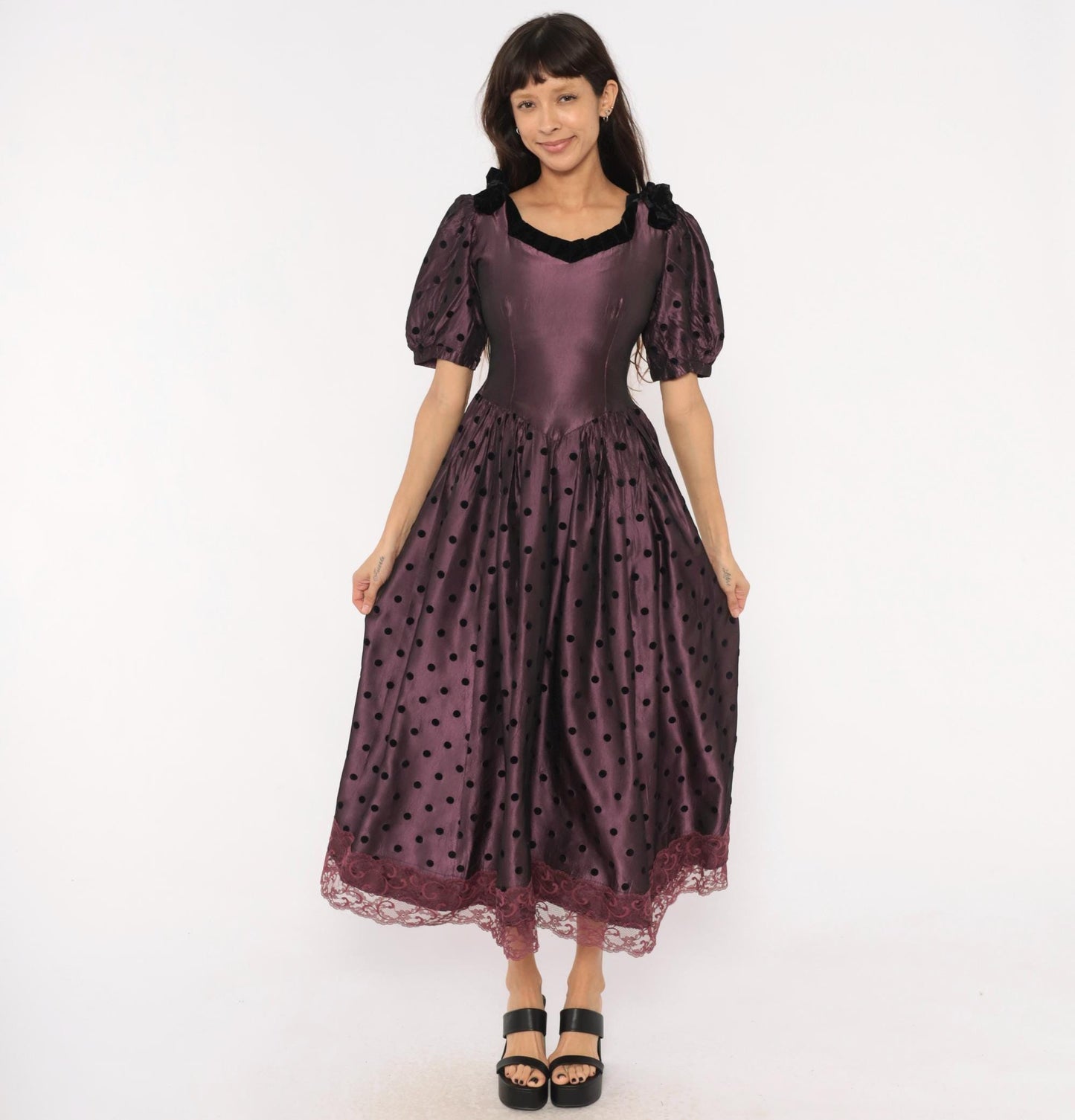 90s Plum Polka Dot Velvet Trim Puff Sleeve Gown V Neck Small