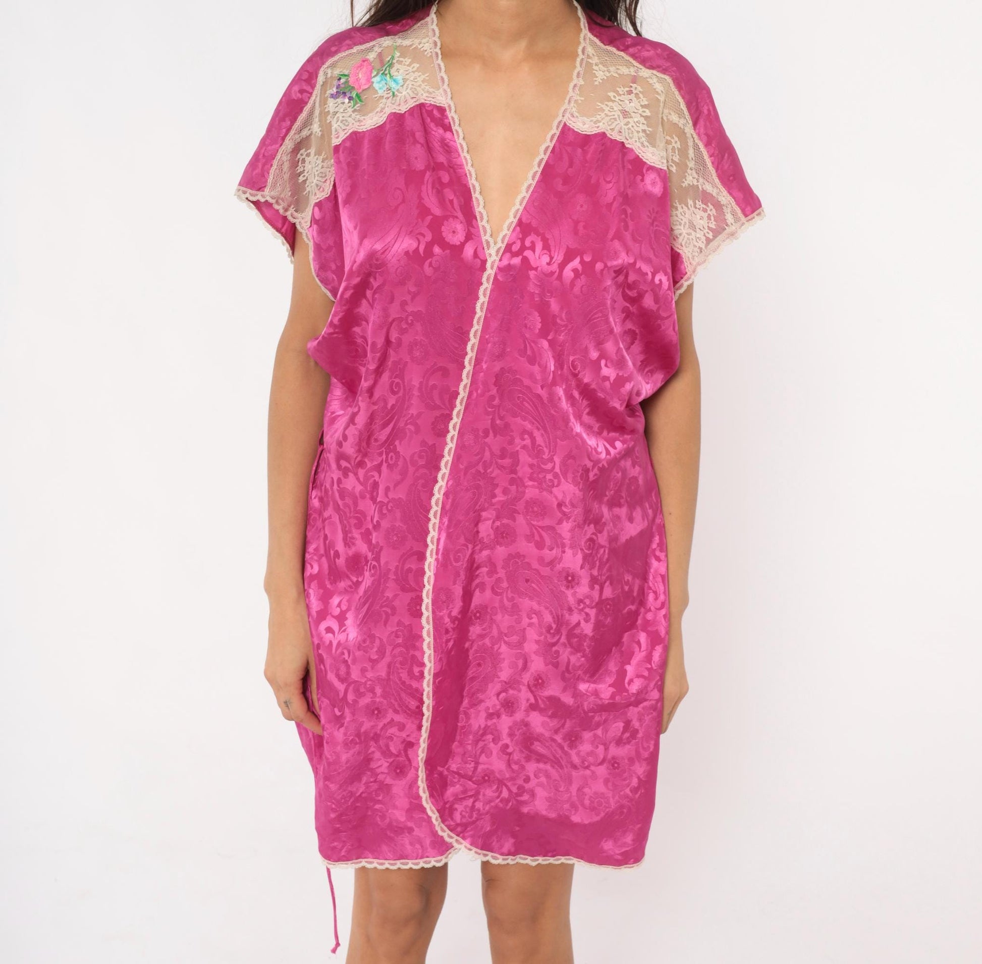 90s Val Mode Fuchsia Jacquard Lingerie Set Slip Dress Robe Coquette Large L