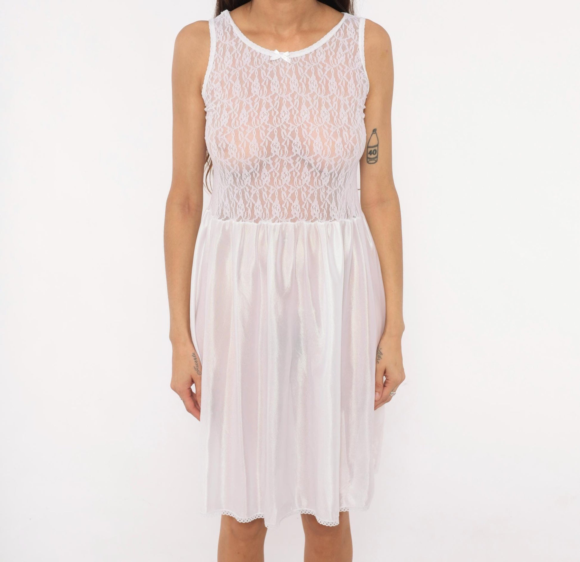 80s Copper Key White Lace Babydoll Slip Dress Satin Bow Nightgown Small
