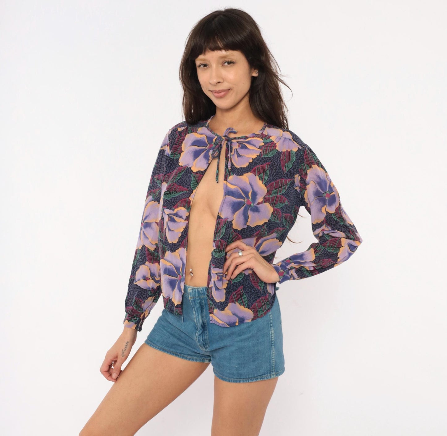 80s In Gear Ltd Tropical Hibiscus Tie-Neck Blouse Purple Lavender Teal Medium