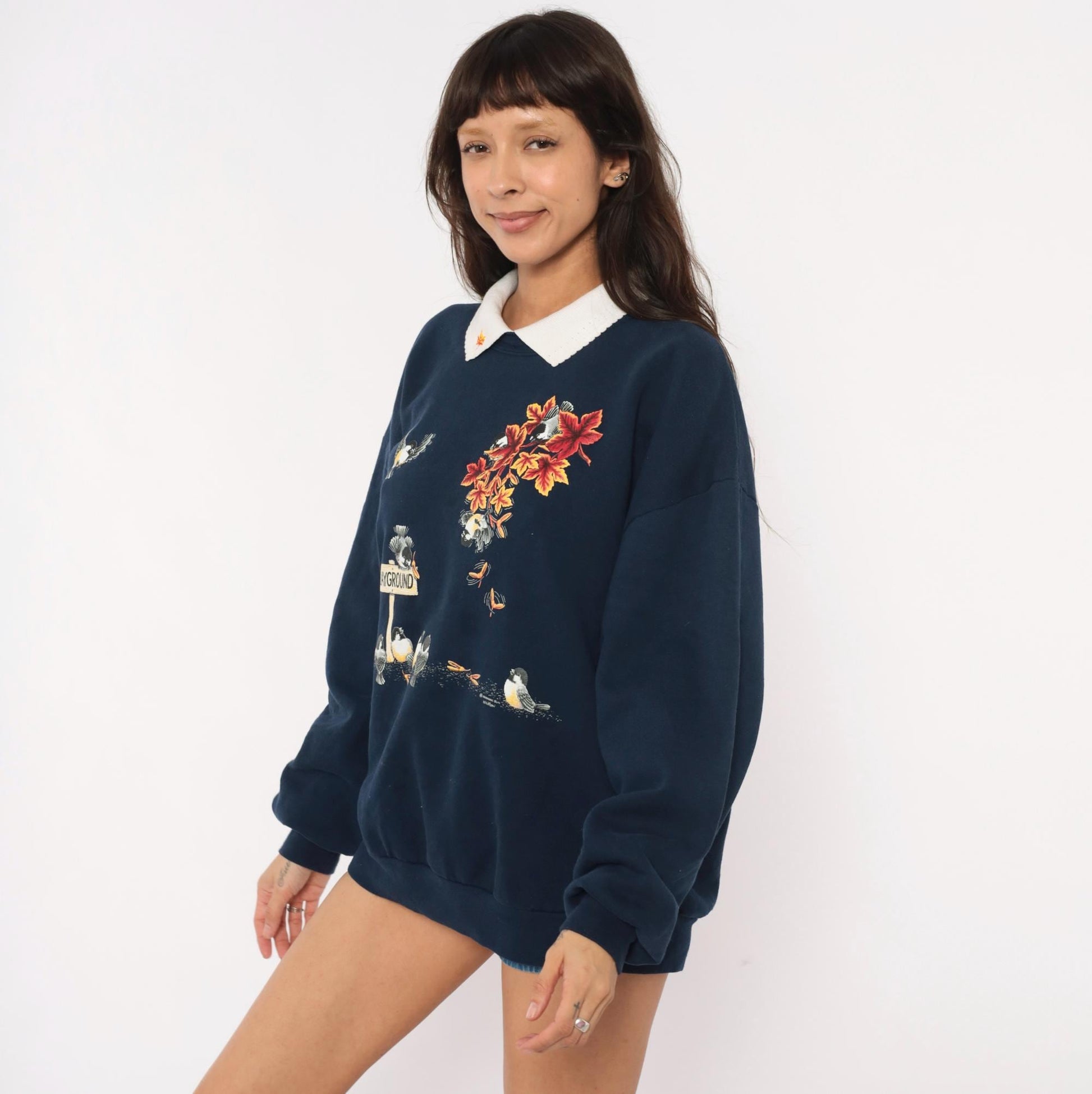 90s Morning Sun Chickadee Sweatshirt Navy Blue Autumn Leaves Collared Graphic Extra Large