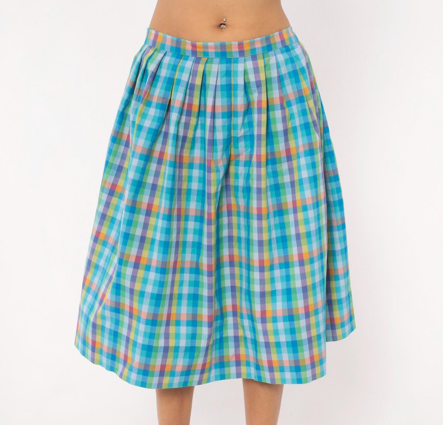 80s Rainbow Gingham Pleated Knee Skirt Cotton Multicolor Large L