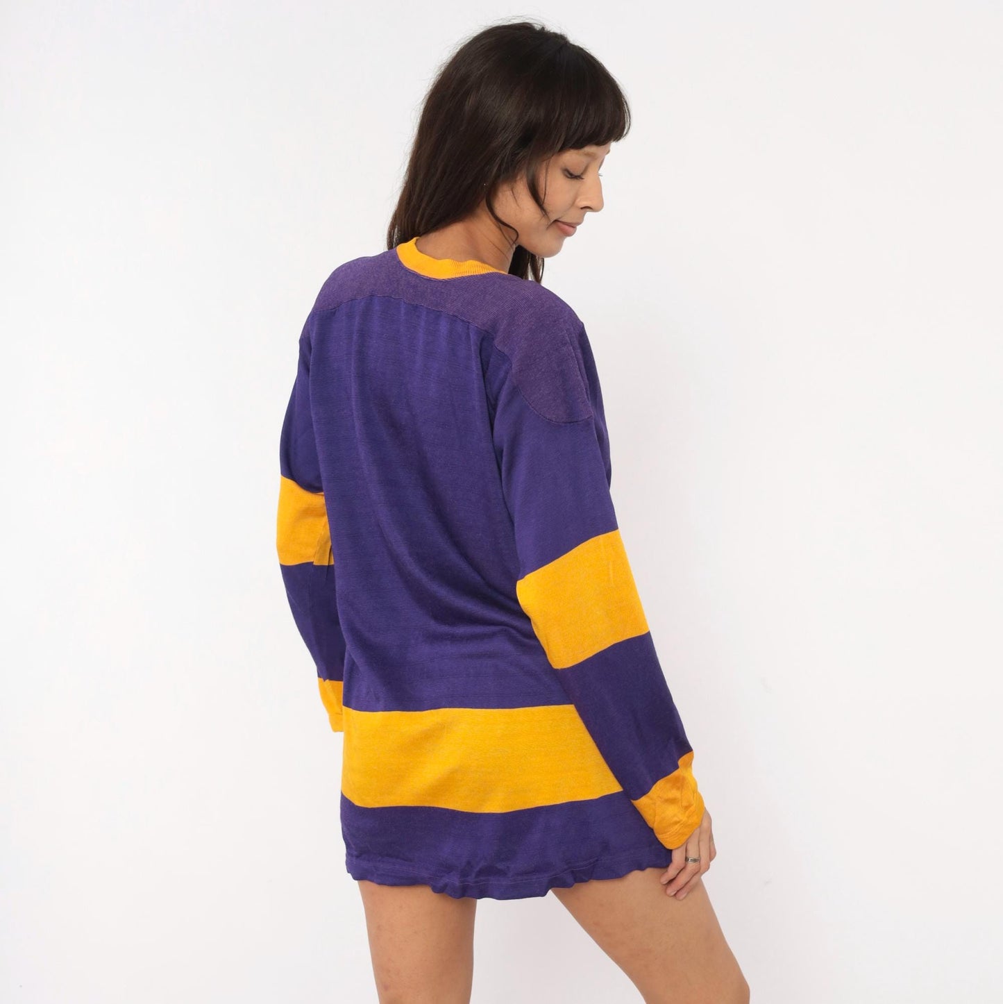 70s Purple Gold Striped V-Neck Pullover Jersey Long Sleeve Small