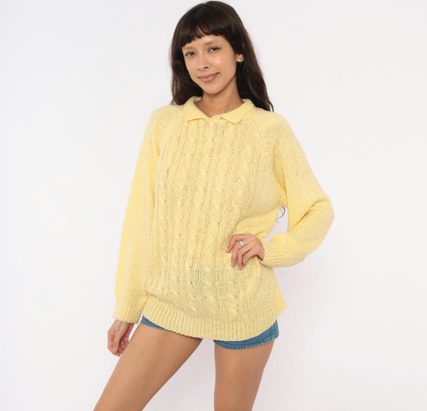80s Miranda Cable Knit Polo Sweater Yellow Collared Pearl Button Large L