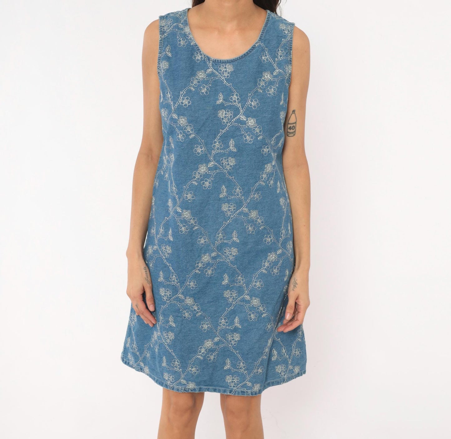 90s Vision Apparel Denim Dress Floral Embroidered Blue Sleeveless Large L