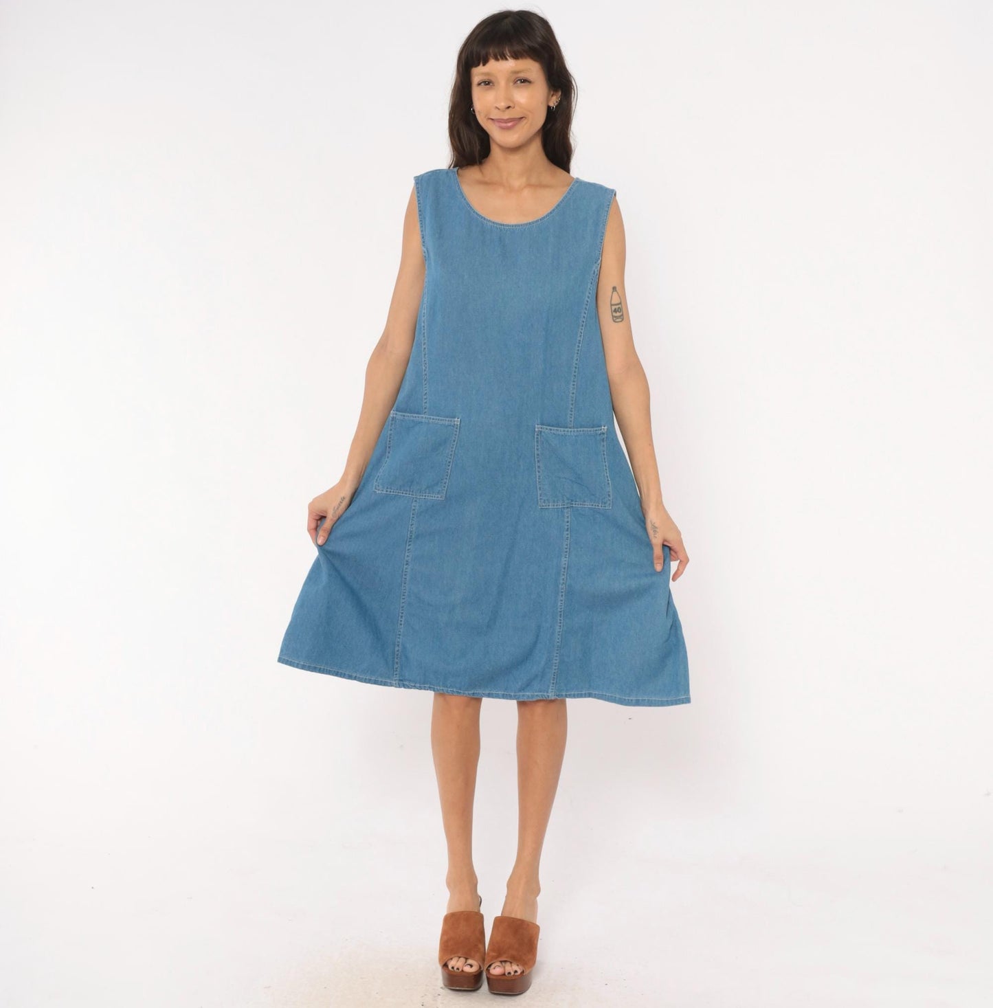 90s Denim Jazz Jumper Dress Sleeveless Scoop Neck Blue Shift Large L