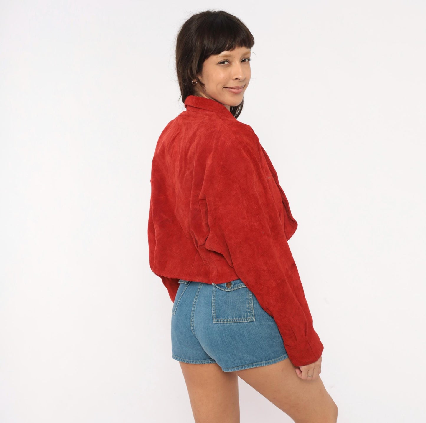 80s Wilsons Red Suede Cropped Jacket Dolman Sleeve Shawl Collar Large L