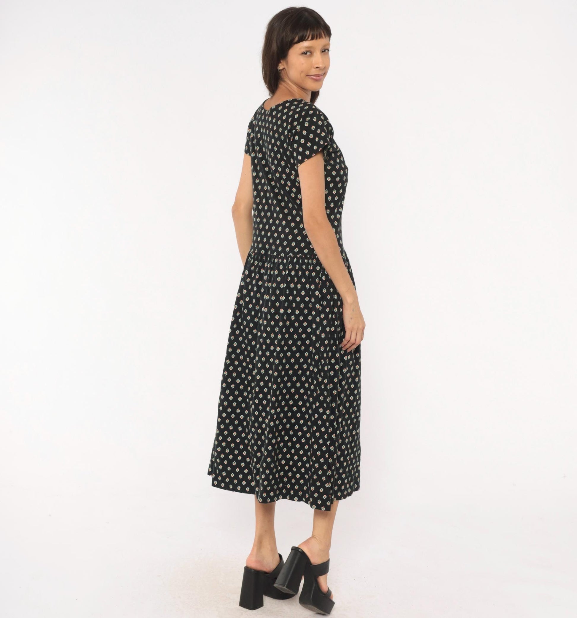 90s LizSport Foulard Print Midi Dress Black Cotton Short Sleeve Medium M