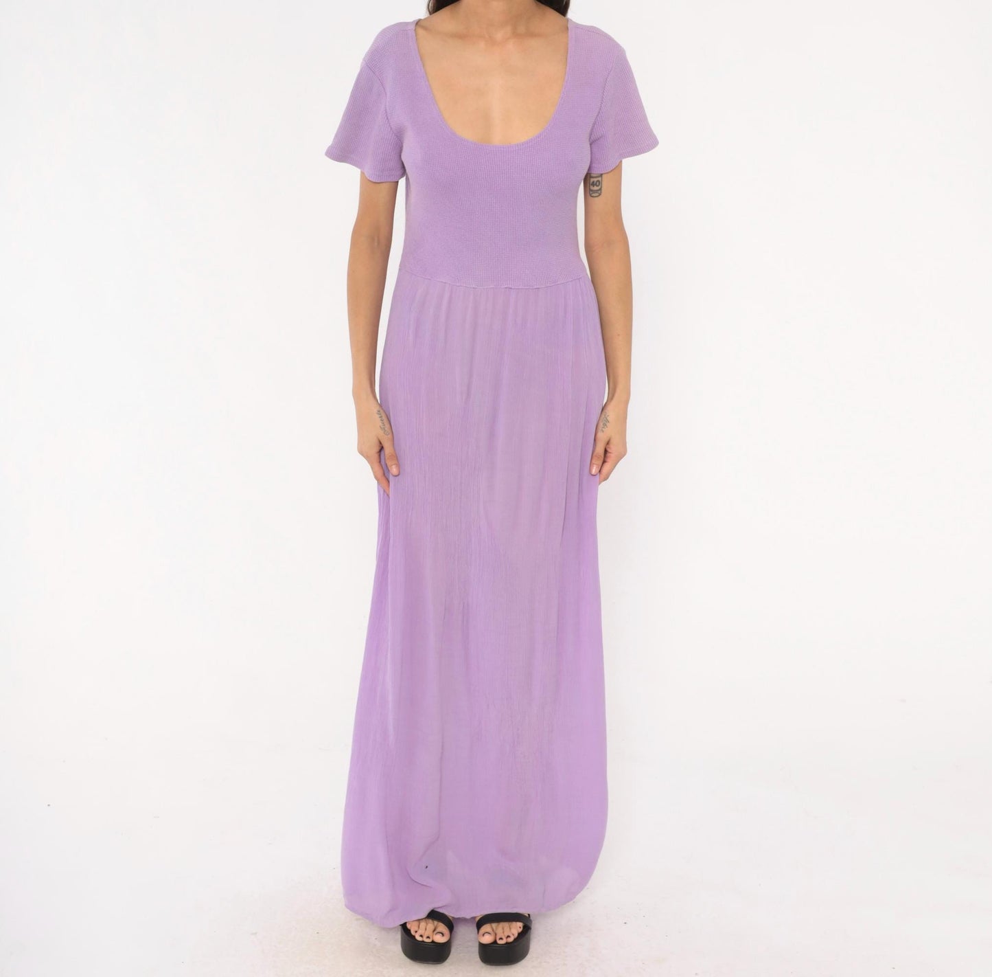 90s Basement Lavender Waffle Knit Maxi Dress Flutter Sleeve Scoop Neck One Size