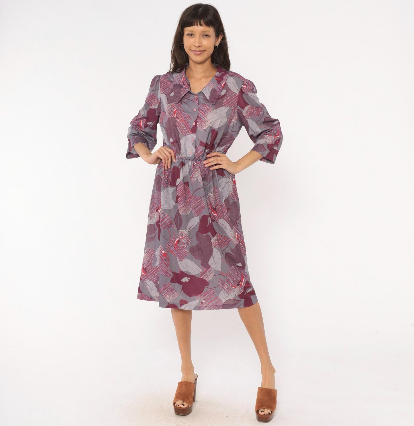 70s Abstract Leaf Floral Button Front Dress Grey Burgundy Knee-Length Medium M