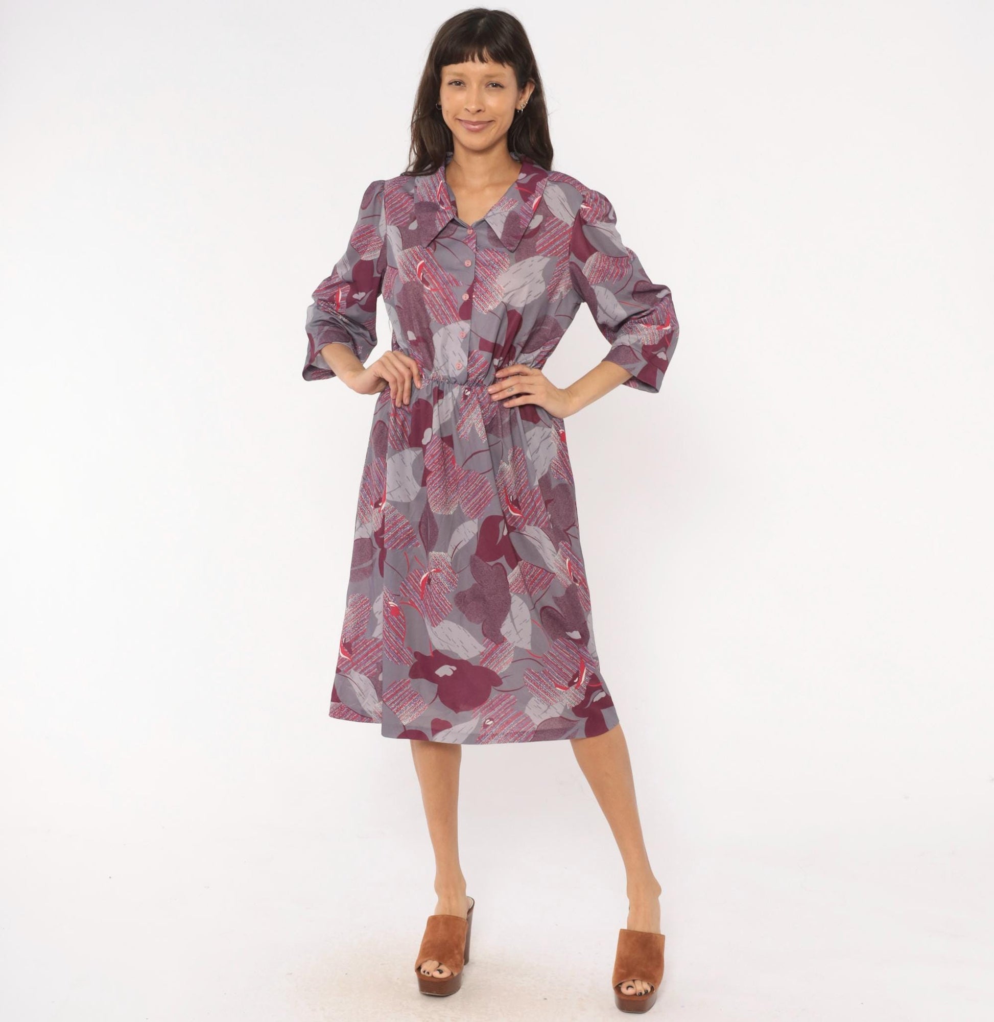 70s Abstract Leaf Floral Button Front Dress Grey Burgundy Knee-Length Medium M