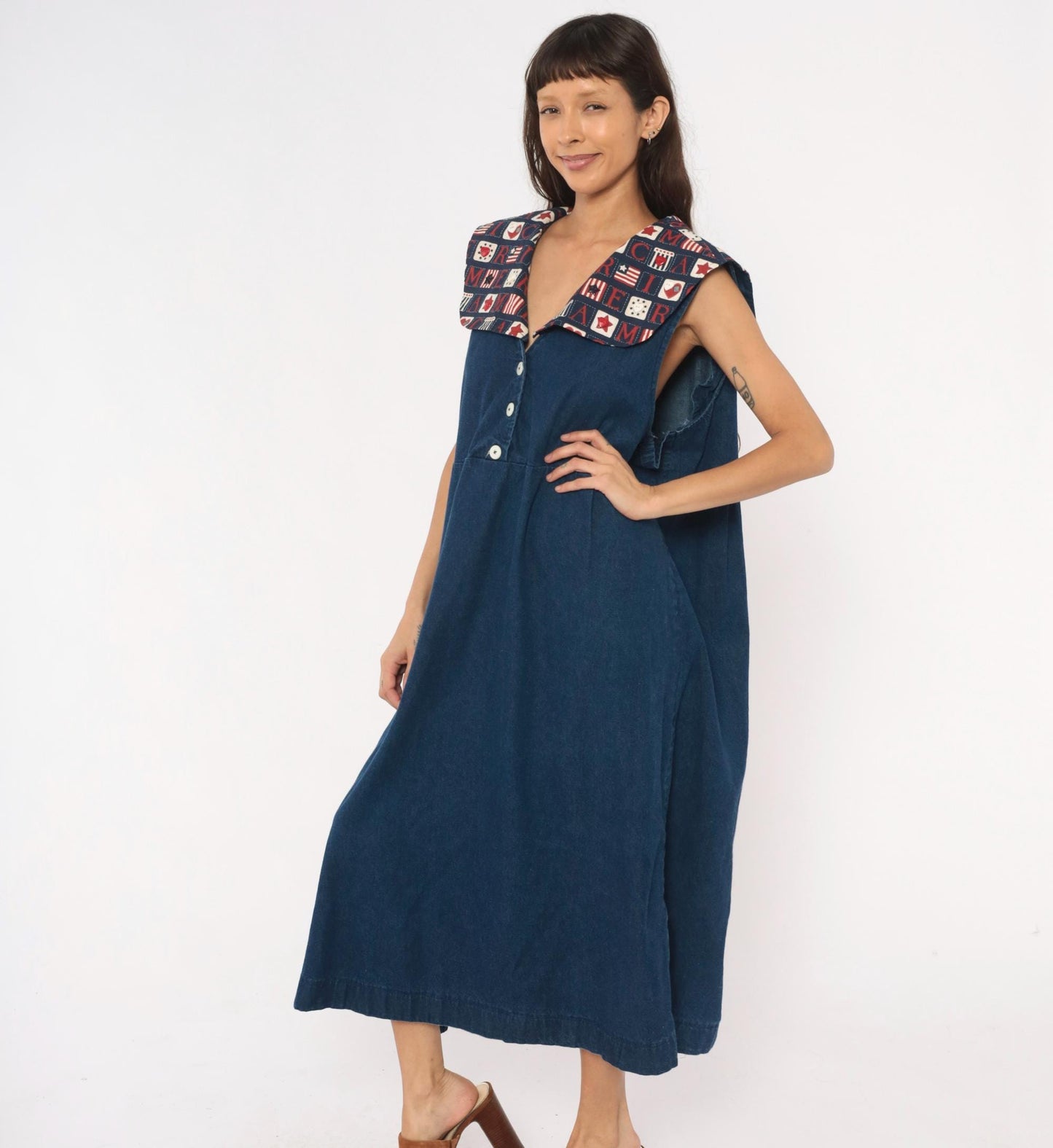 90s Americana Patchwork Denim Maxi Dress Navy Sailor Collar Plus Size XXL
