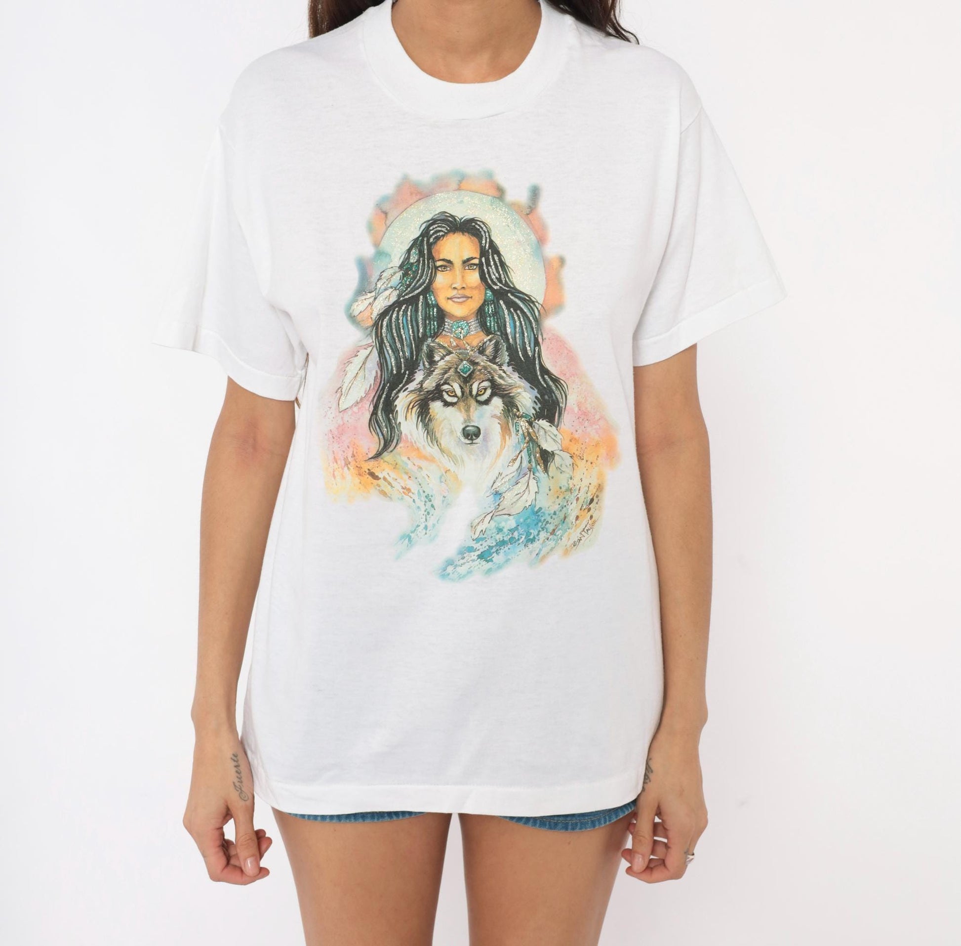 90s Wolf Moon Feather Graphic Tee Fruit Of The Loom White Medium