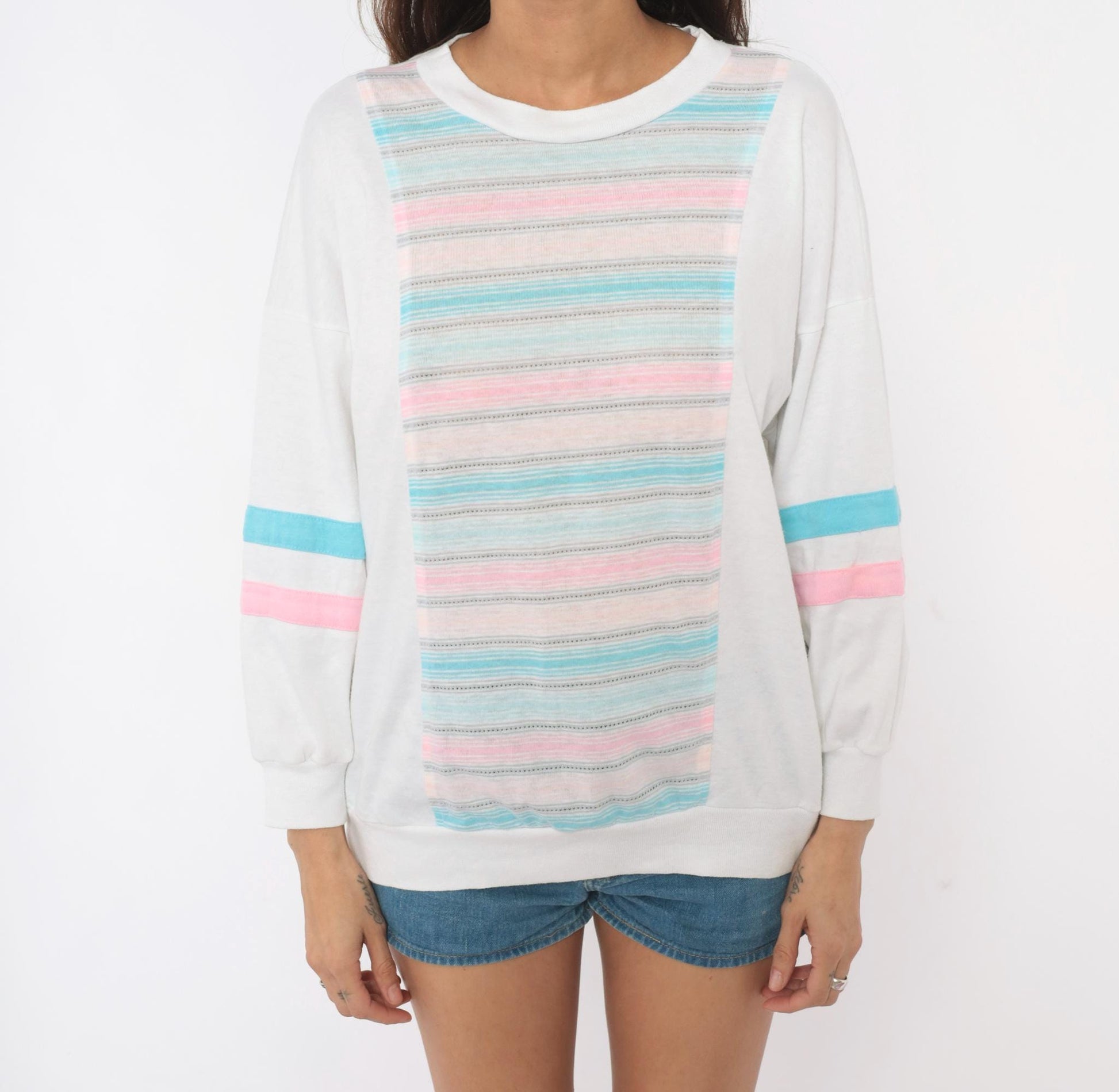 80s Marc Perry Pastel Striped Cotton Sweatshirt Crew Neck Medium