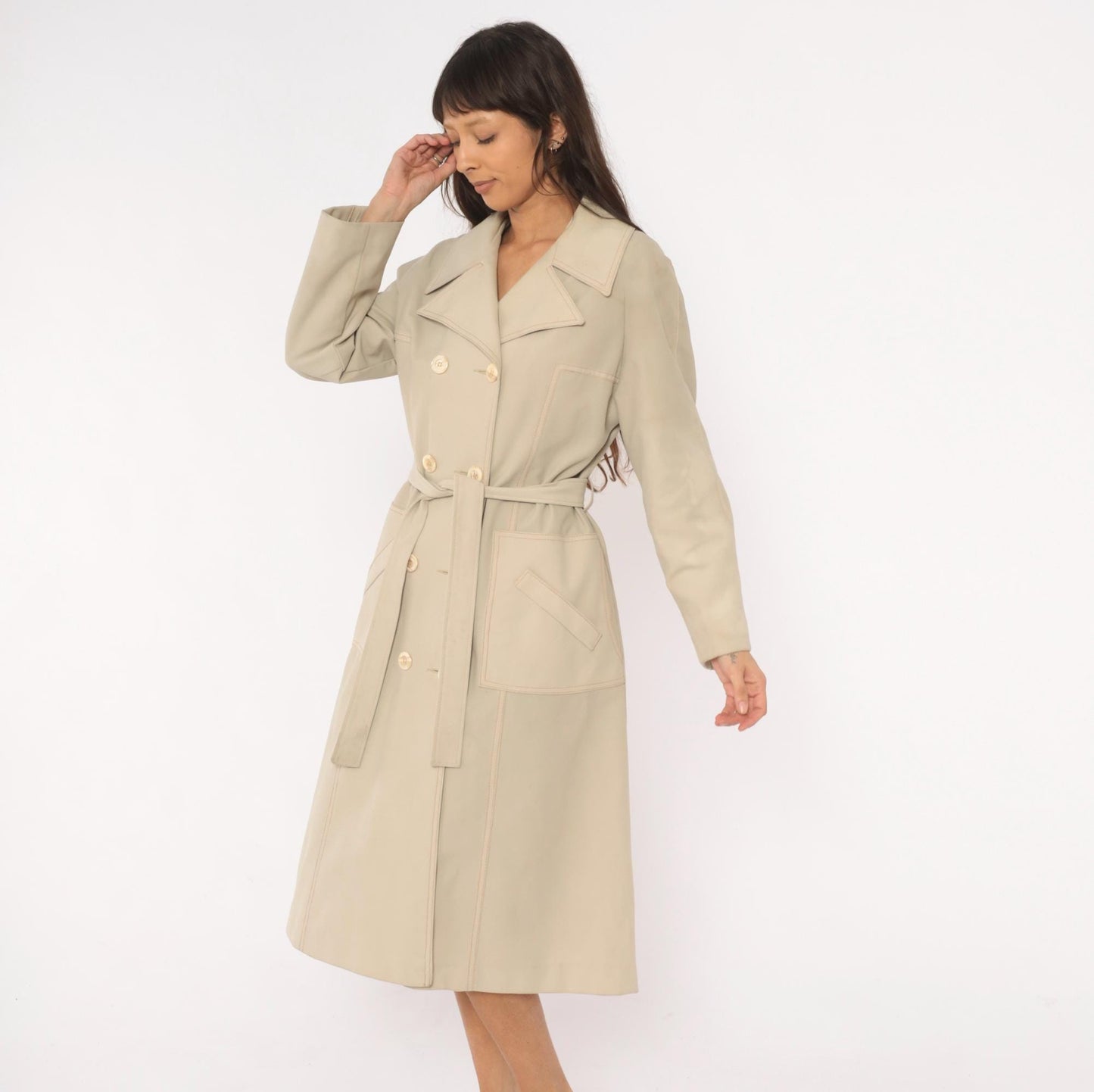 80s Double Breasted Trench Coat Beige Mid-Calf Belted Jacket Medium