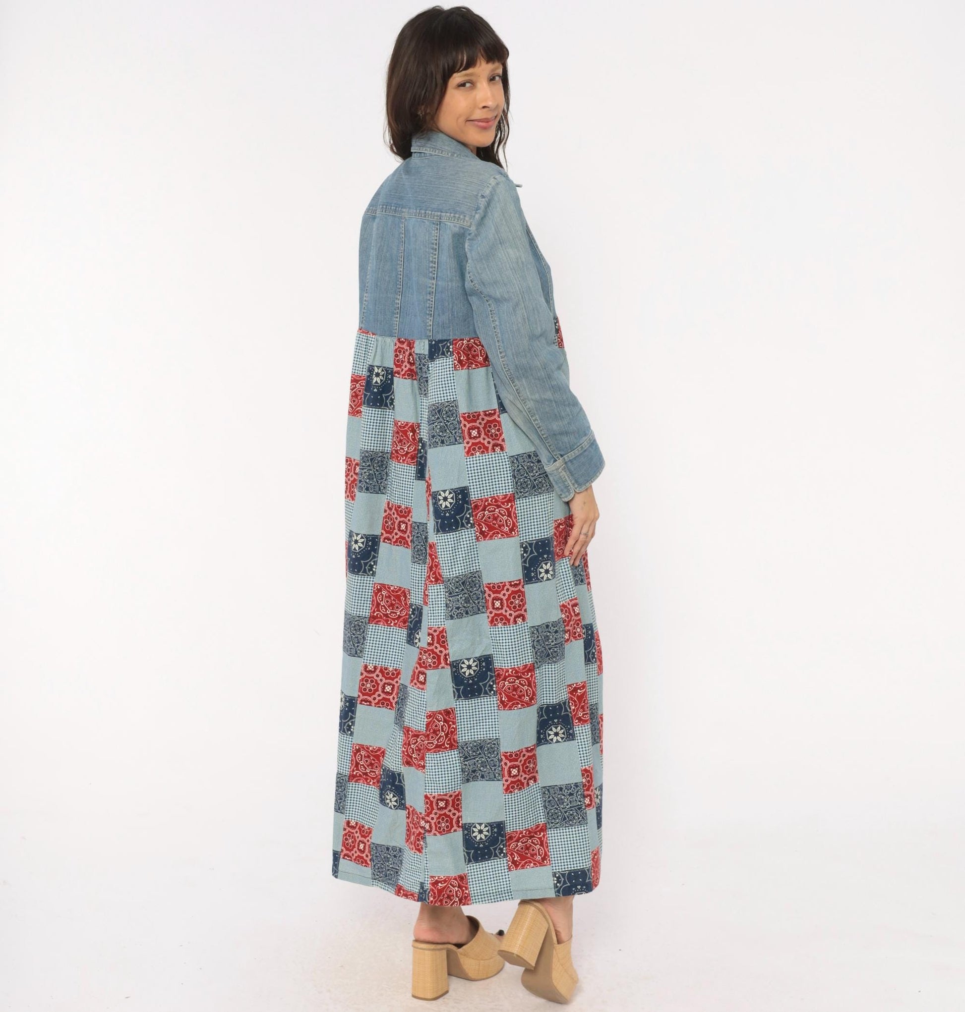 00s Valerie Stevens Patchwork Denim Maxi Dress Bandana Gingham Red Navy Medium