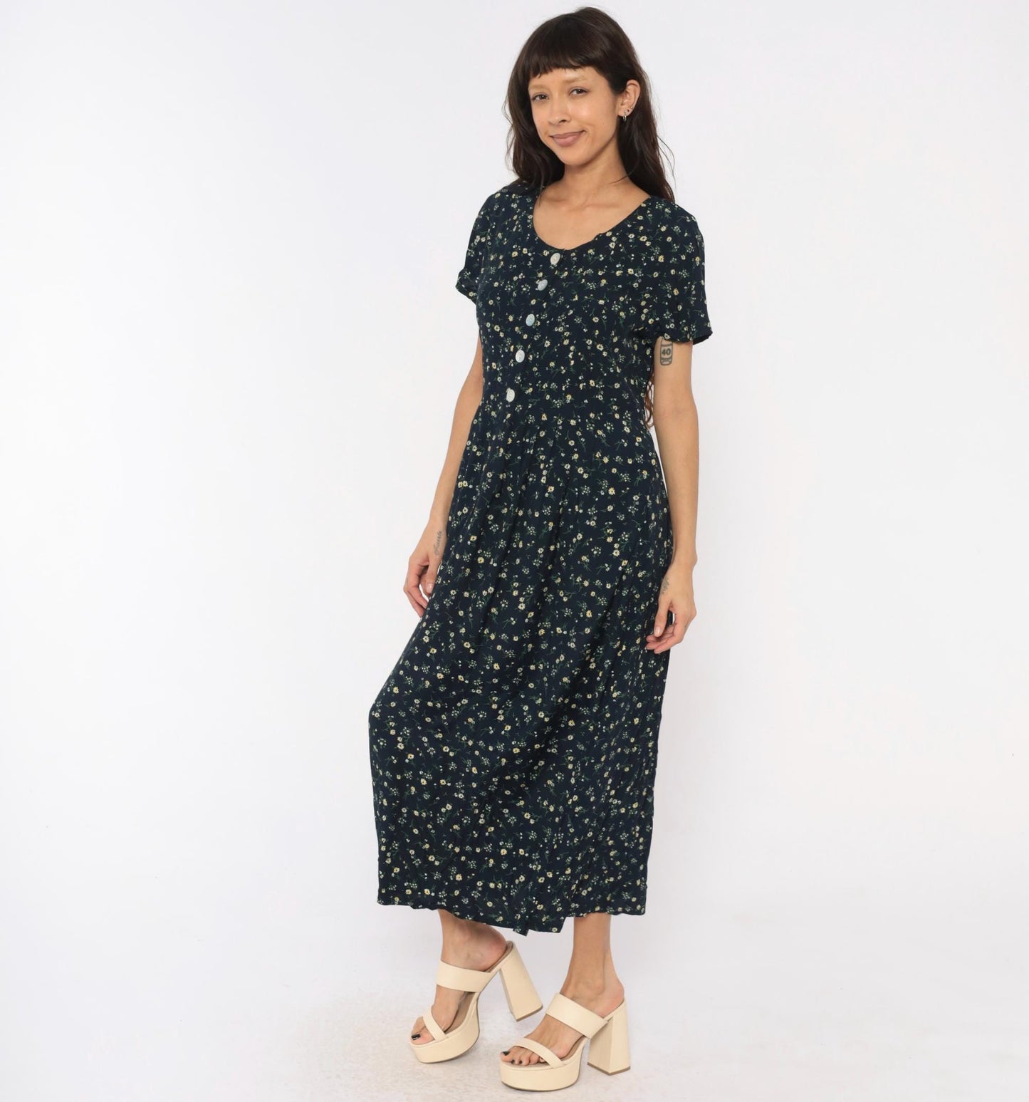 90s Liz Baker Essentials Navy Floral Maxi Dress Yellow Daisy Button Front Medium