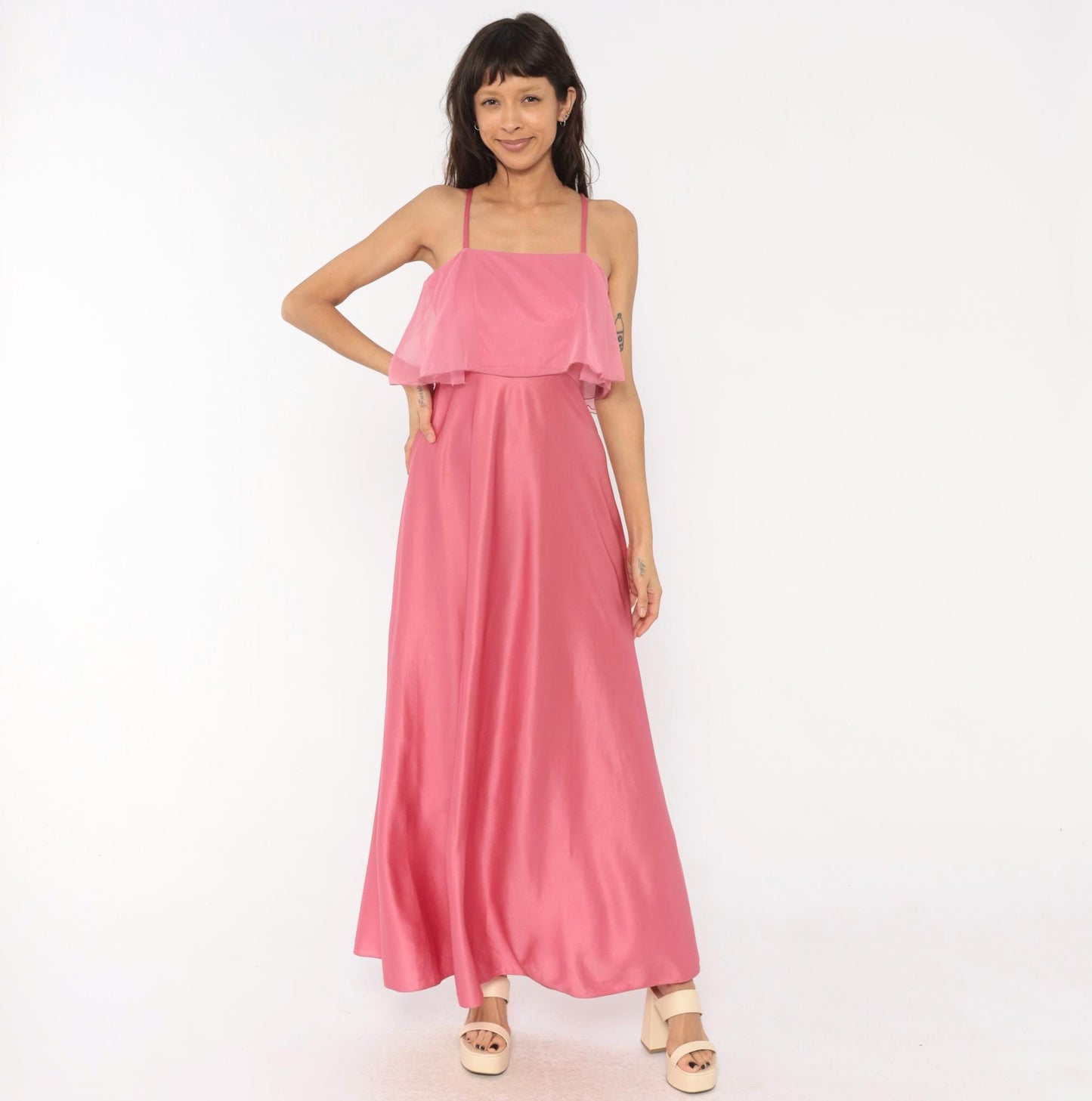 70s Pink Satin Maxi Dress Chiffon Overlay Spaghetti Strap Floor Length Small