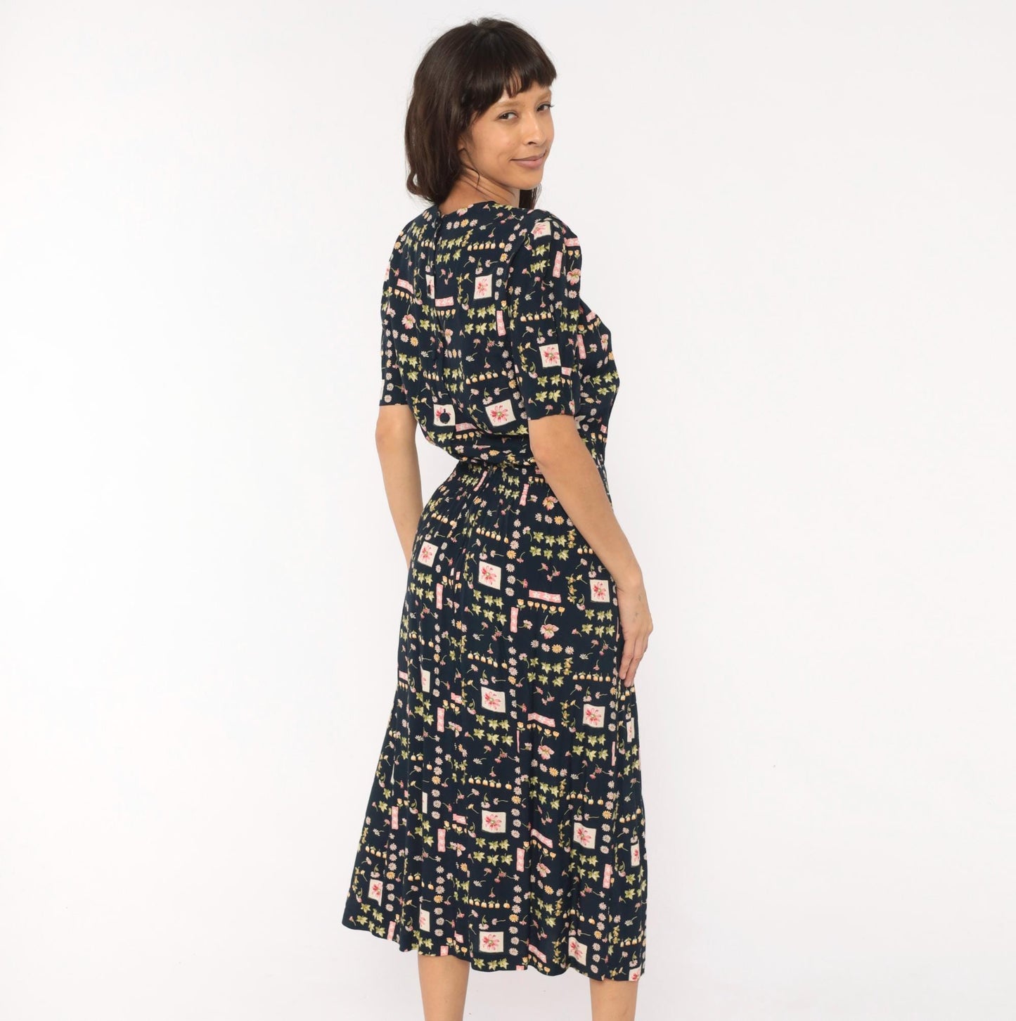 90s Karin Stevens Botanical Midi Dress Navy Floral Puff Sleeve Medium M