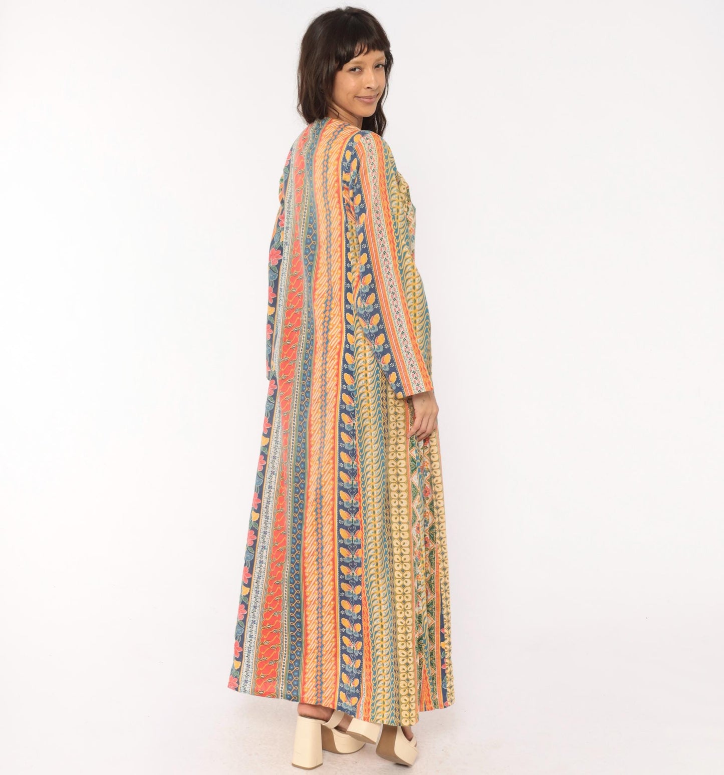 70s Frances Decourcy Batik Caftan Cotton Maxi Dress Floral Butterfly Print Multicolor Medium