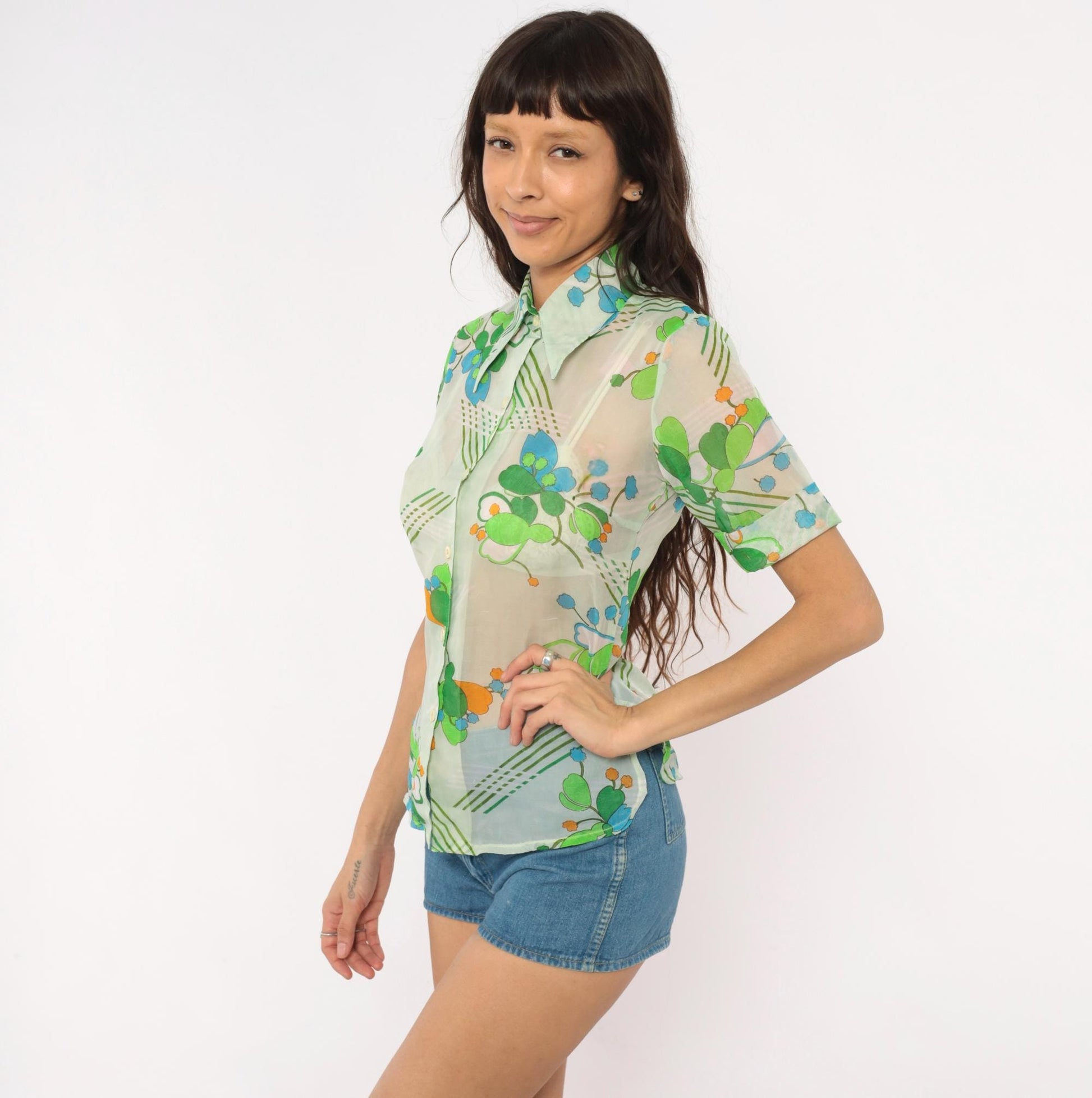 70s Nobel Floral Button-Up Blouse Mint Green Blue Orange Pointed Collar Small
