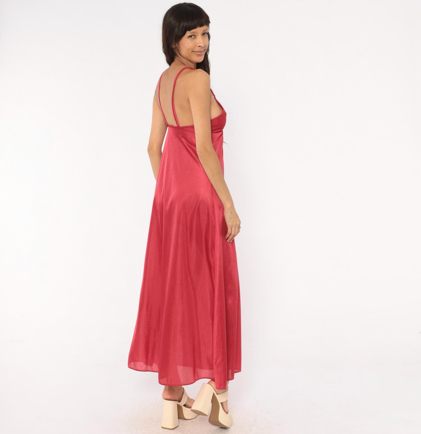 70s Berry Red Butterfly Cutout Nylon Nightgown Maxi Spaghetti Strap Small