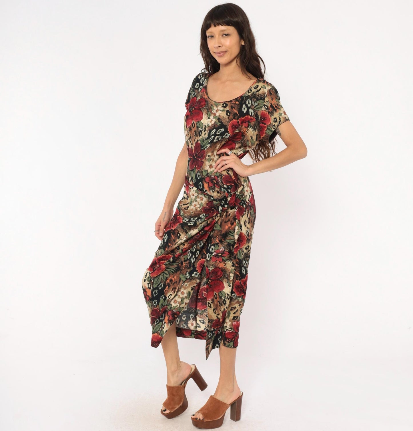 90s Lew Magram Floral Leopard Midi Dress Red Hibiscus Animal Print Large L