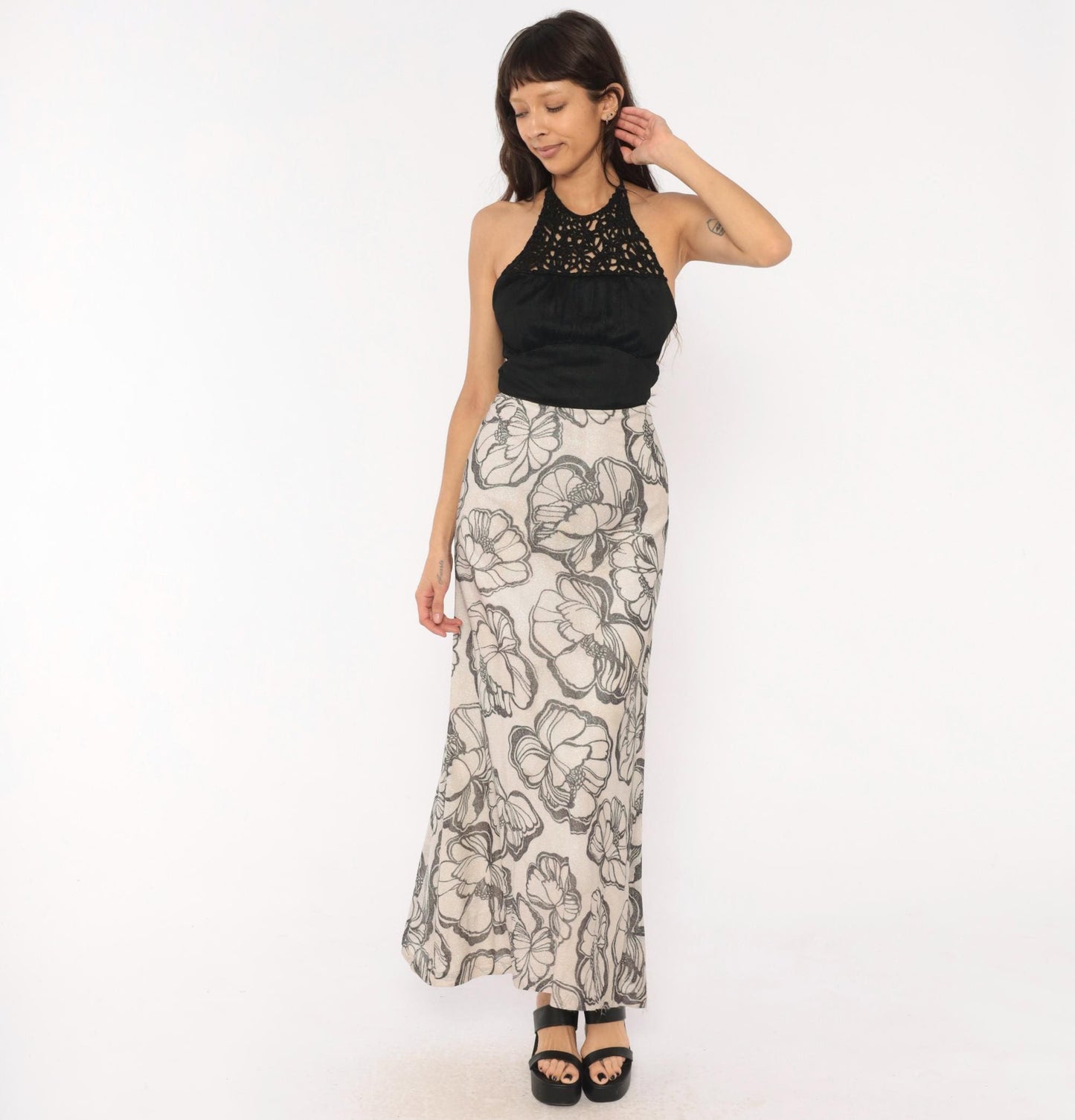 70s Mikey Jrs Crochet Halter Maxi Dress Black Grey Floral Metallic Open Back Extra Small XS