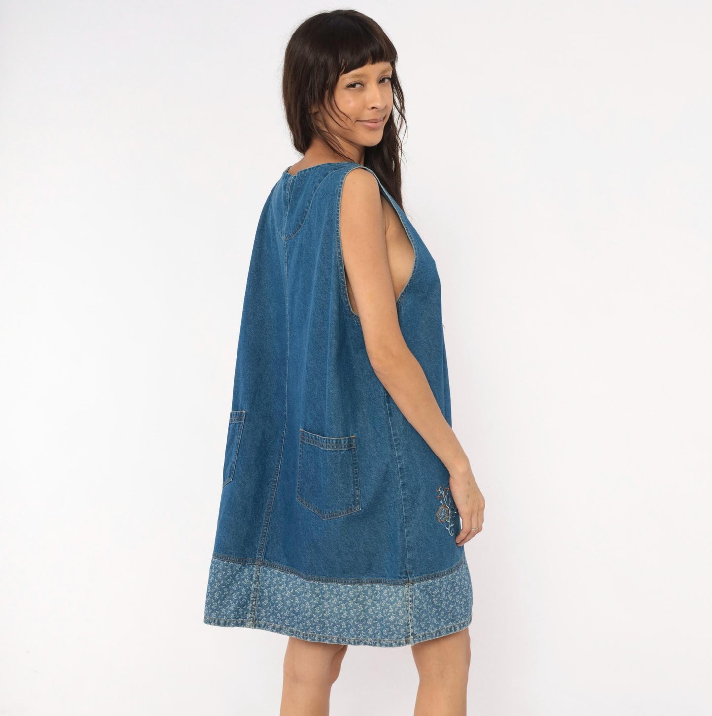 90s Erika & Co. Denim Shift Dress Embroidered Floral Cobalt Extra Large XXL