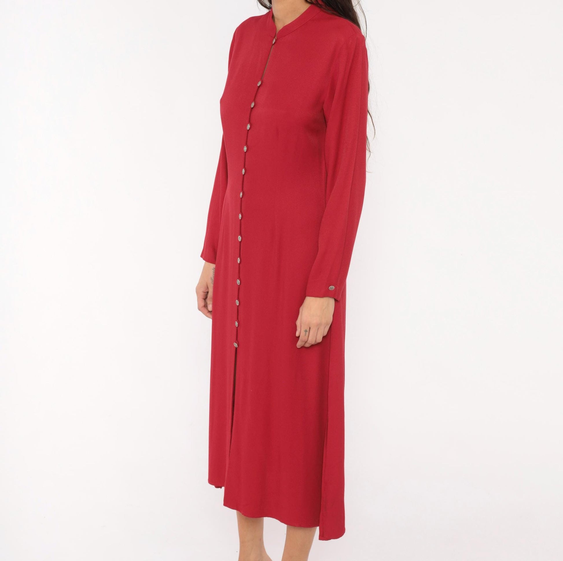 90s Coldwater Creek Cranberry Midi Dress Mandarin Collar Button Front Medium