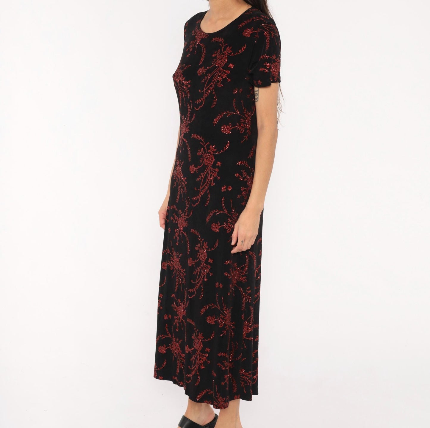 90s Black Maxi Dress Red Glitter Floral Print Short Sleeve Scoop Neck Medium Large