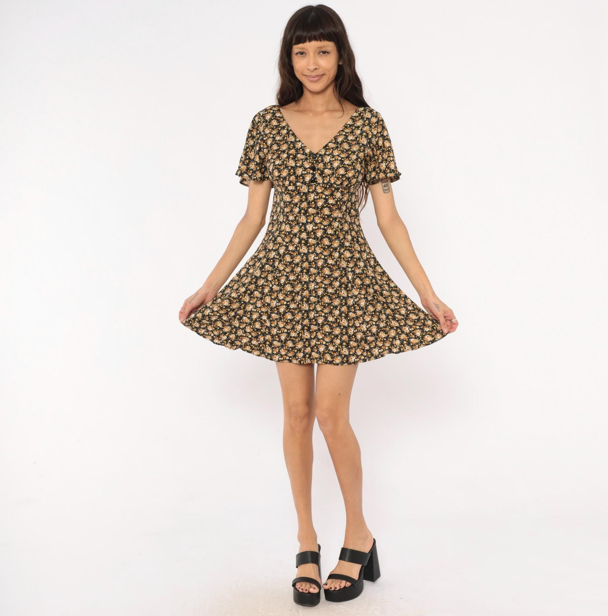 90s Contempo Casuals Floral Mini Dress Black Peach Rose V-Neck Flutter Sleeve Small S