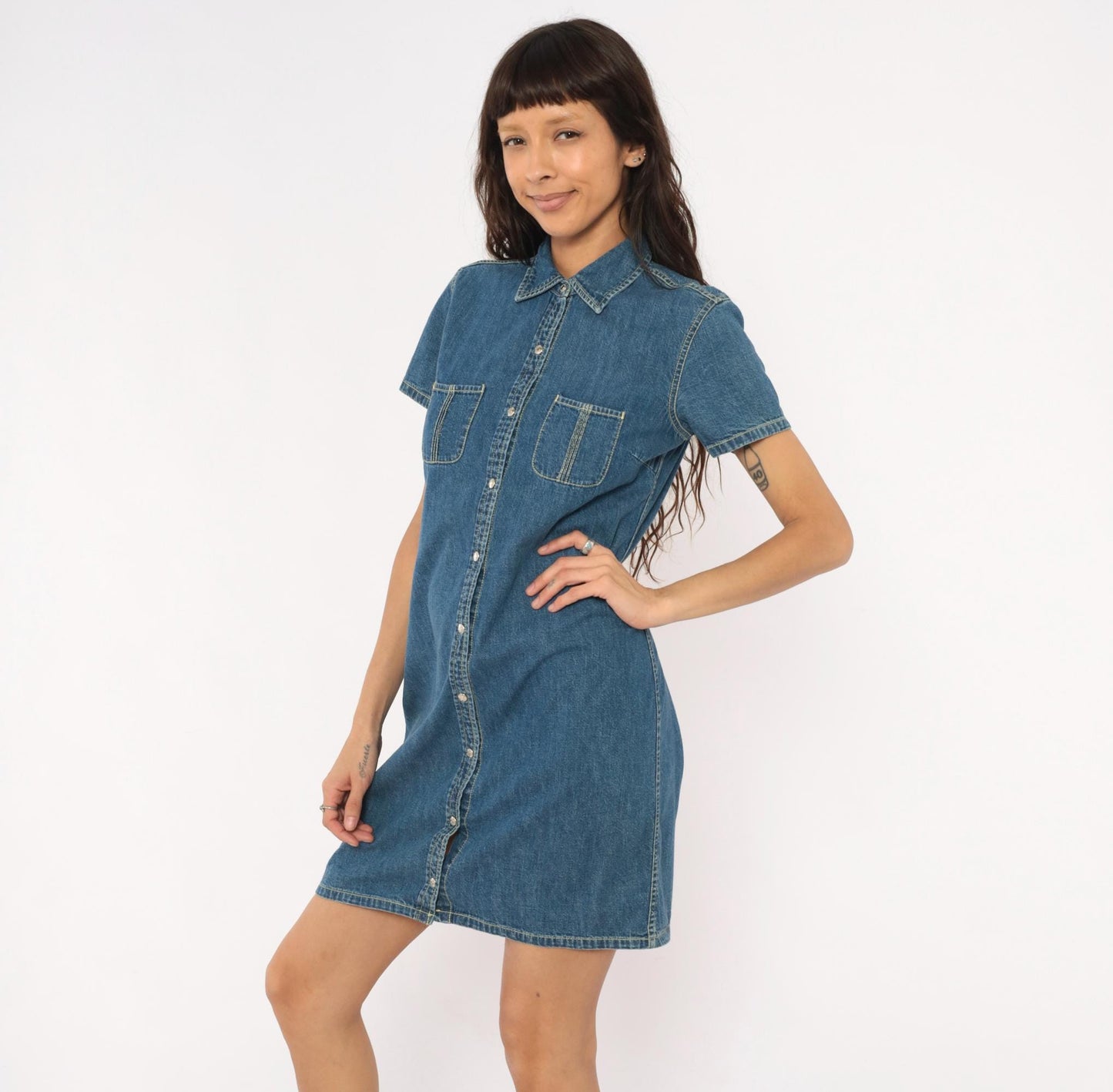 Y2K Tommy Hilfiger Denim Shirt Dress Blue Jean Snap Front Small S