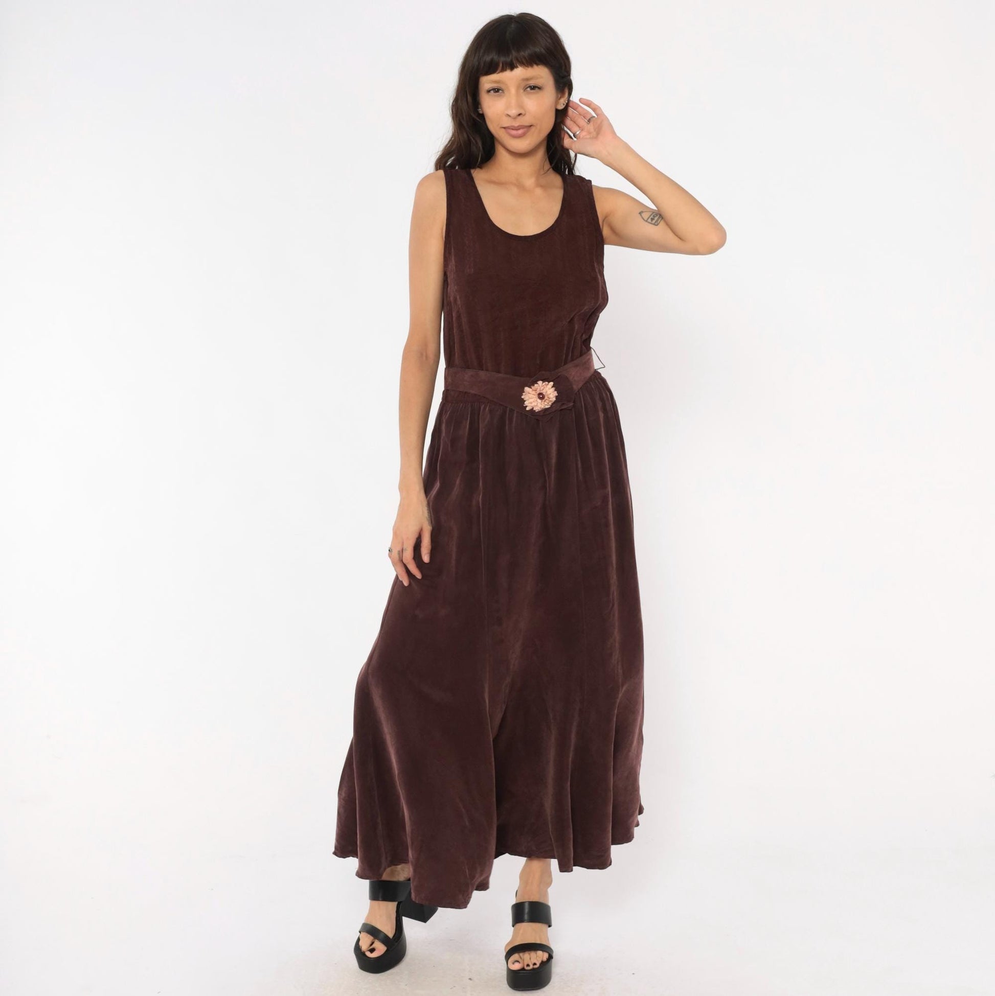 90s Plum Velvet Maxi Dress Sleeveless Scoop Neck Floral Belt Small Medium