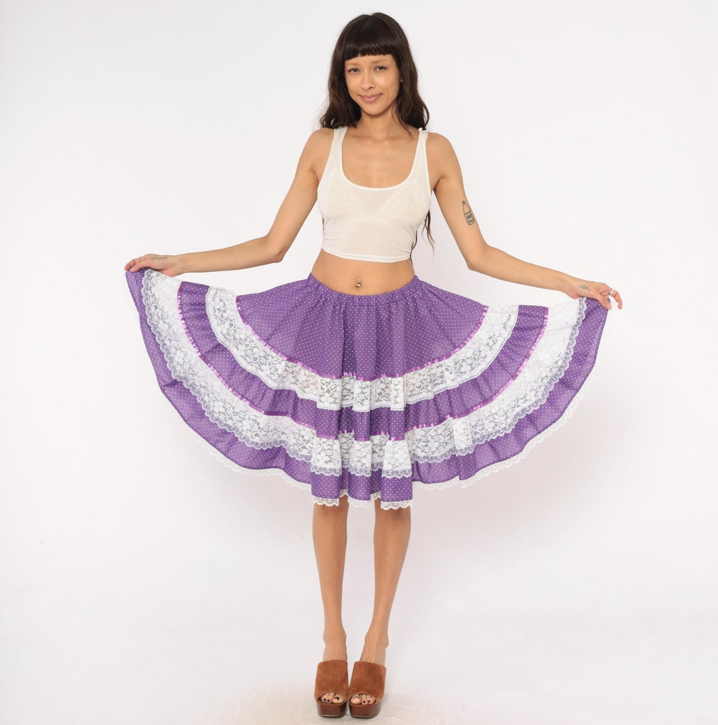 80s Purple Polka Dot Tiered Skirt Carefree Fashions Lace Trim Cotton Medium