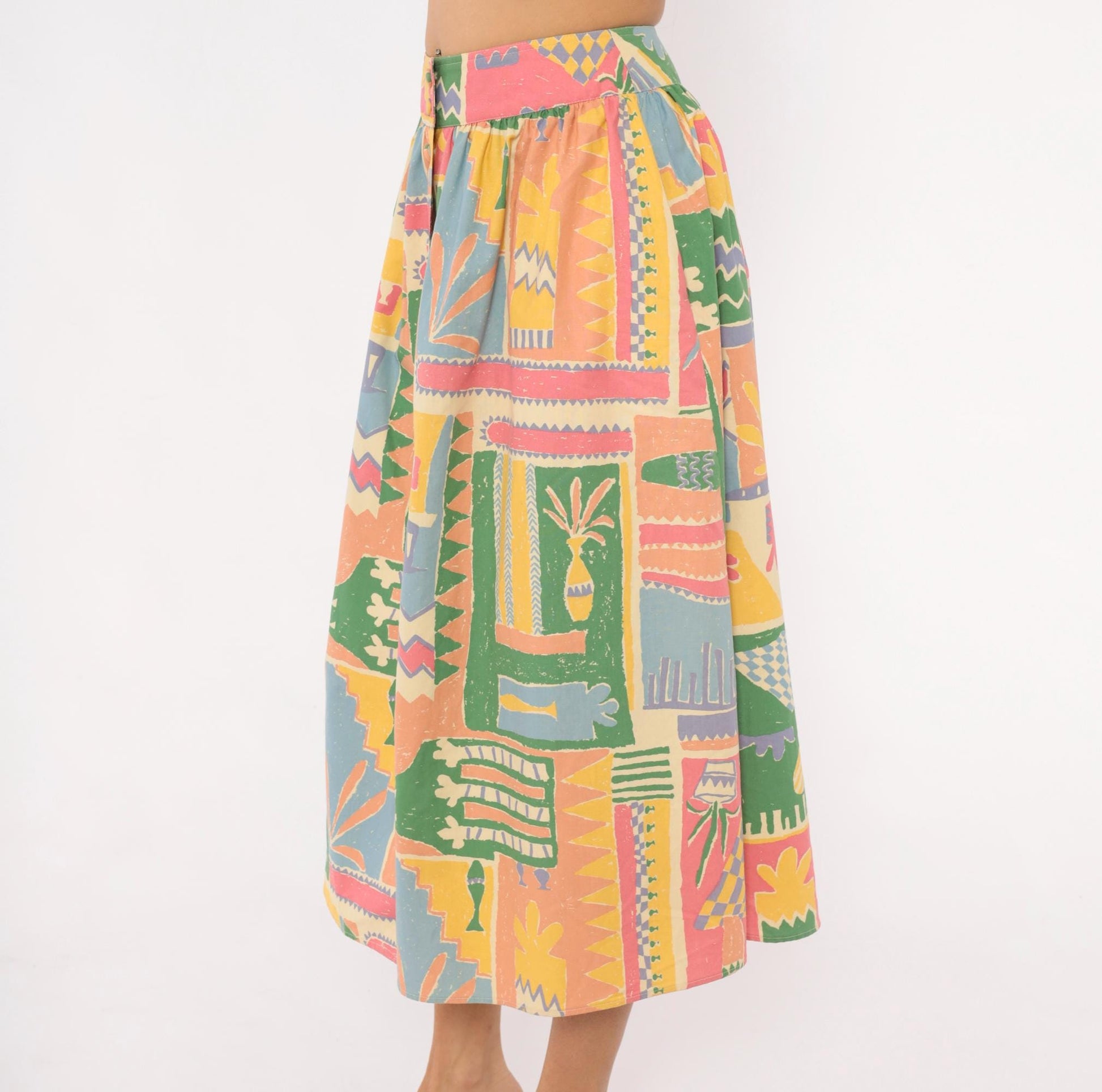 90s Laura Ashley Abstract Print Midi Skirt Cotton Button Front Multicolor Medium