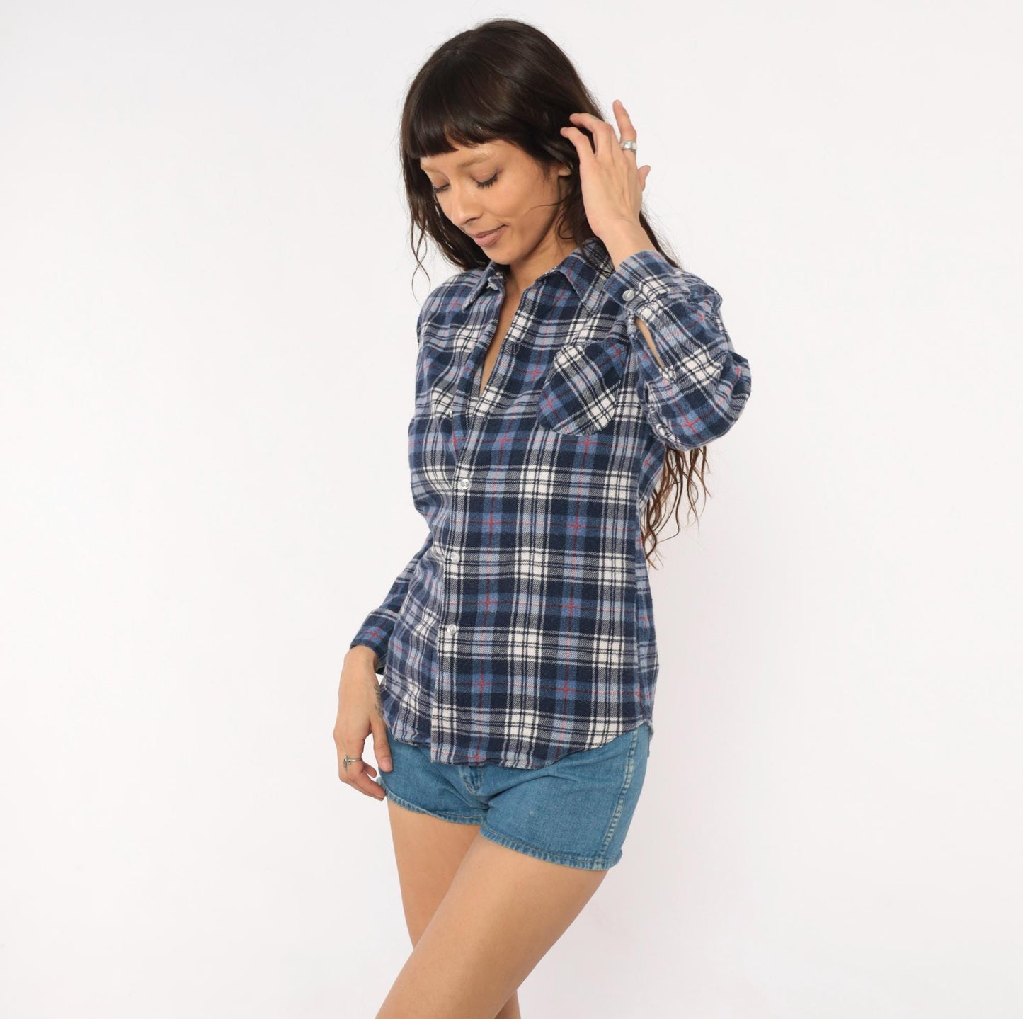 80s JC Penney Navy Plaid Flannel Shirt Cotton Button-Up XS