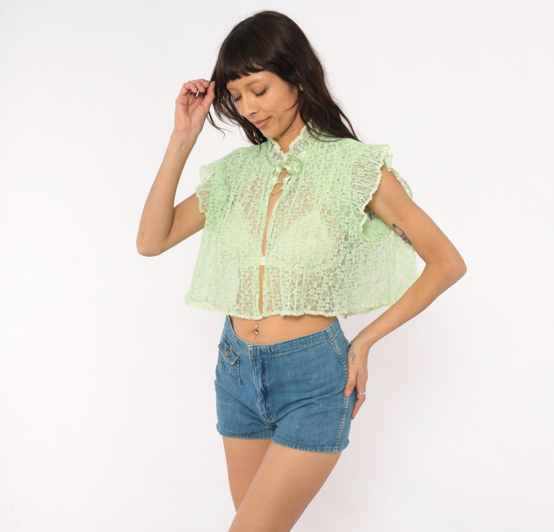 70s Mint Green Lace Crop Top Floral Sheer Ruffle Collar Small