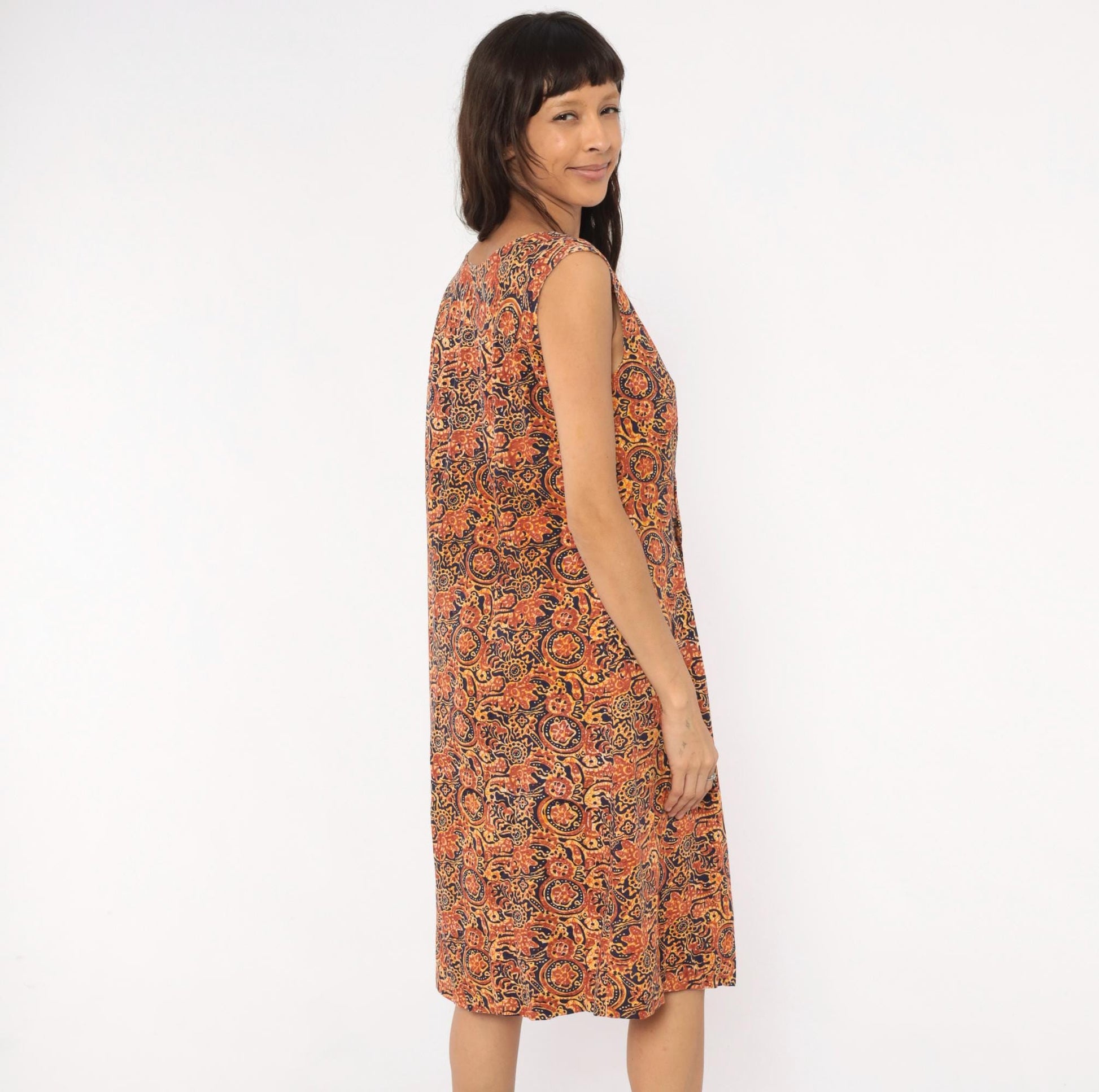 70s Batik Sundress Navy Rust Brown Paisley Floral Cotton V-Neck Medium M
